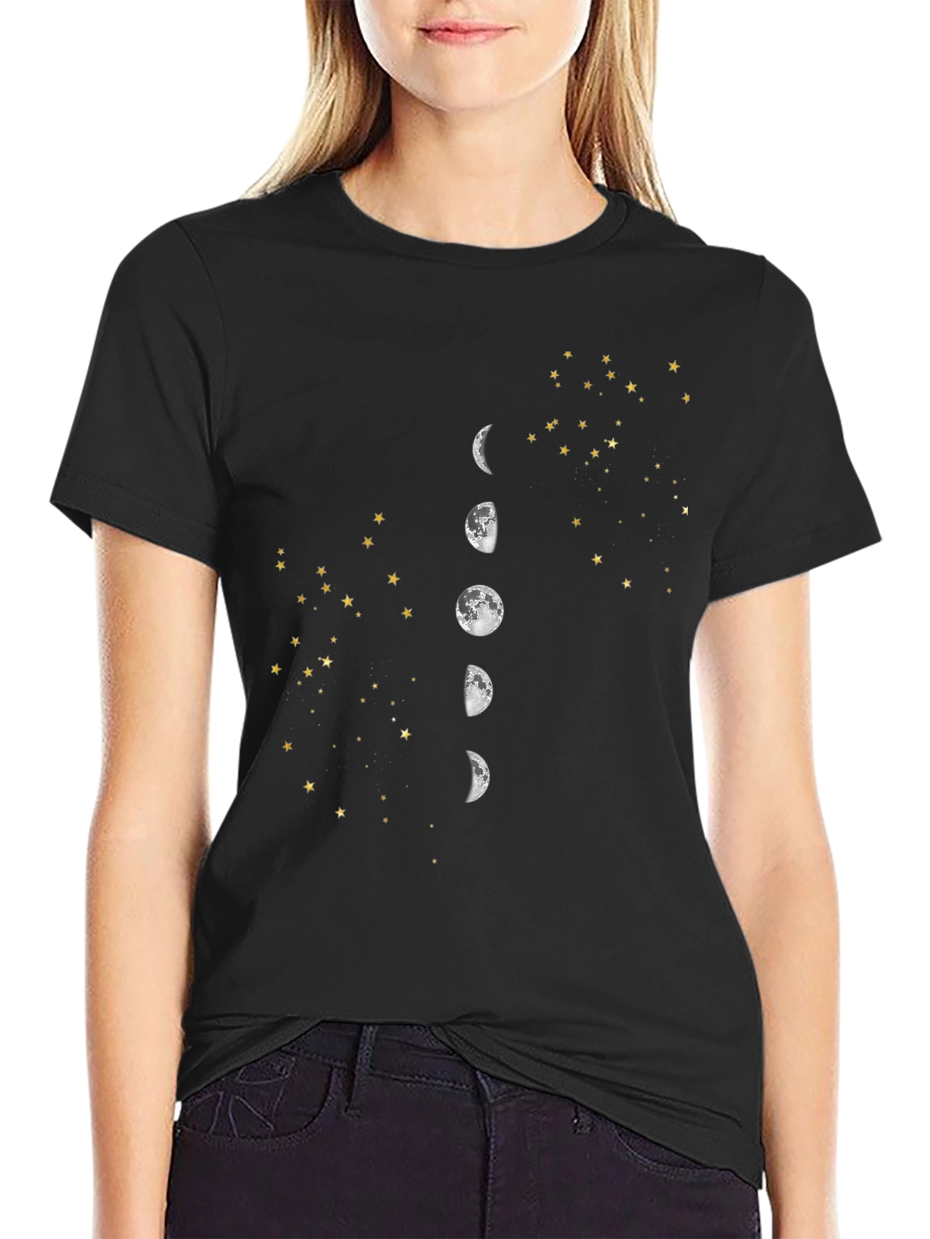 Lunar Phase & Starry Sky Graphic Tee - Black