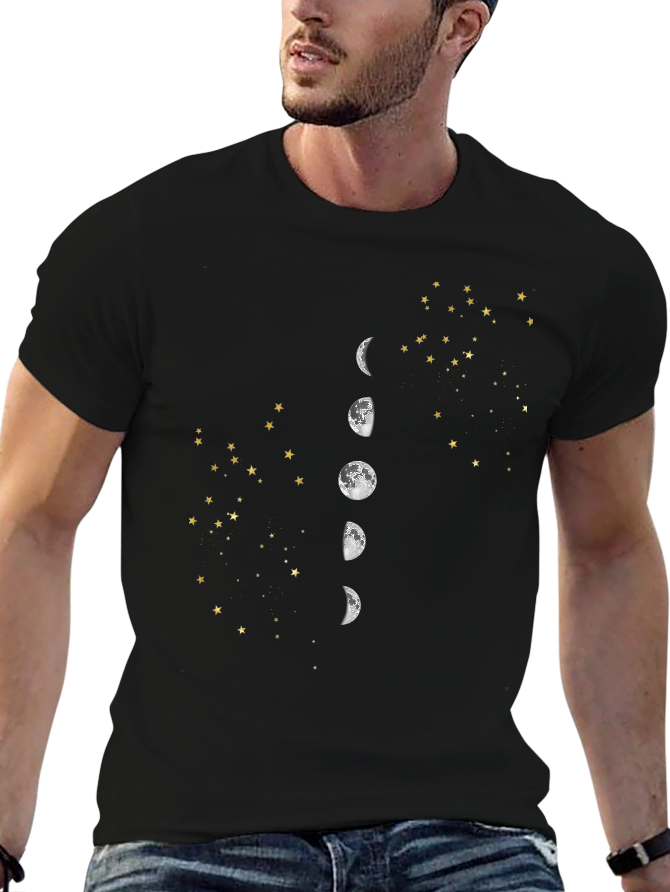 Lunar Phase & Starry Sky Graphic Tee - Black