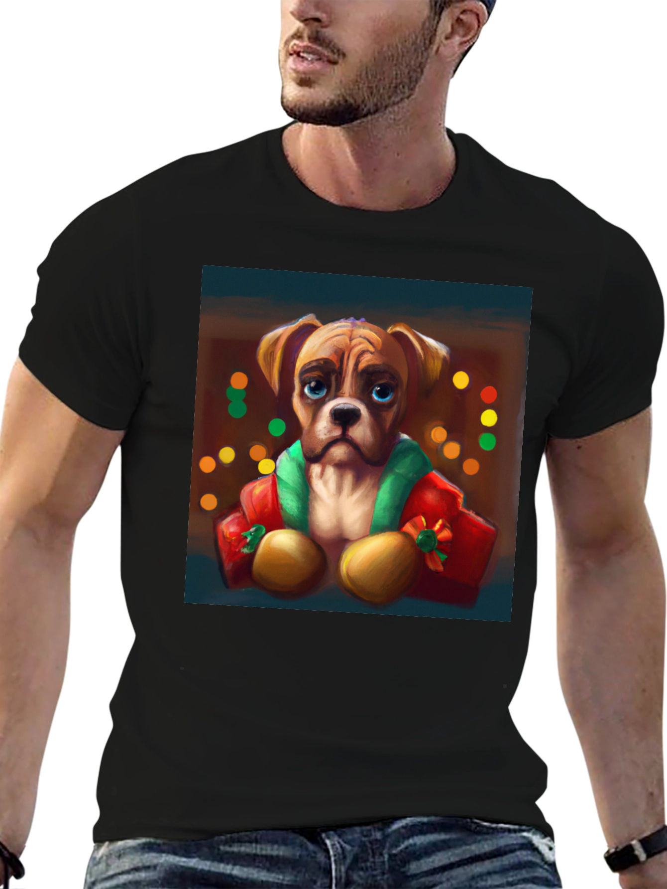 Dog Portrait Tee: Festive Boxer Graphic T-Shirt
