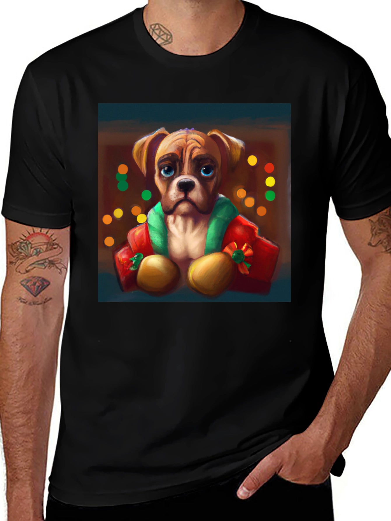 Dog Portrait Tee: Festive Boxer Graphic T-Shirt