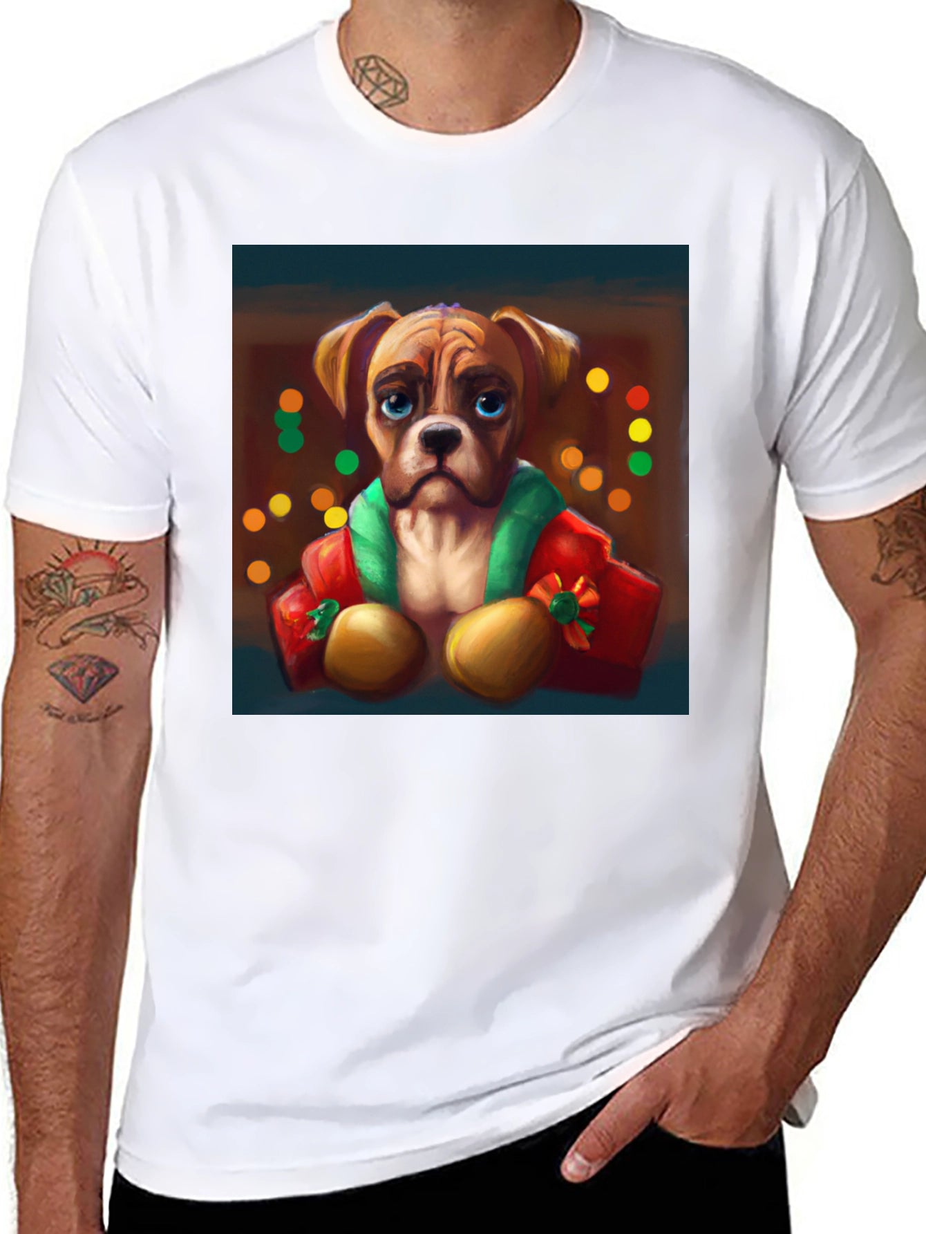 Dog Portrait Tee: Festive Boxer Graphic T-Shirt