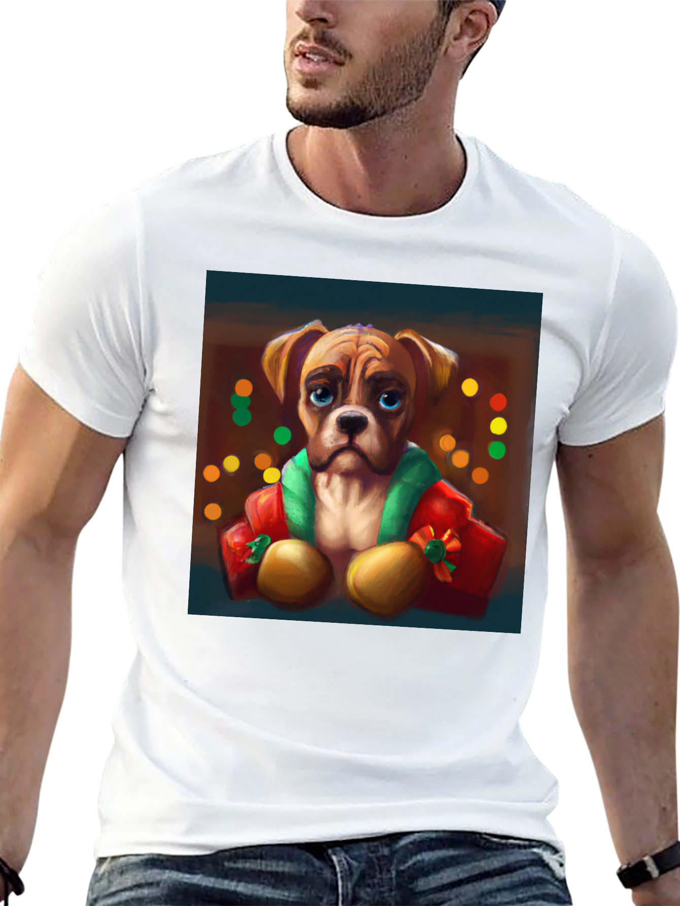 Dog Portrait Tee: Festive Boxer Graphic T-Shirt
