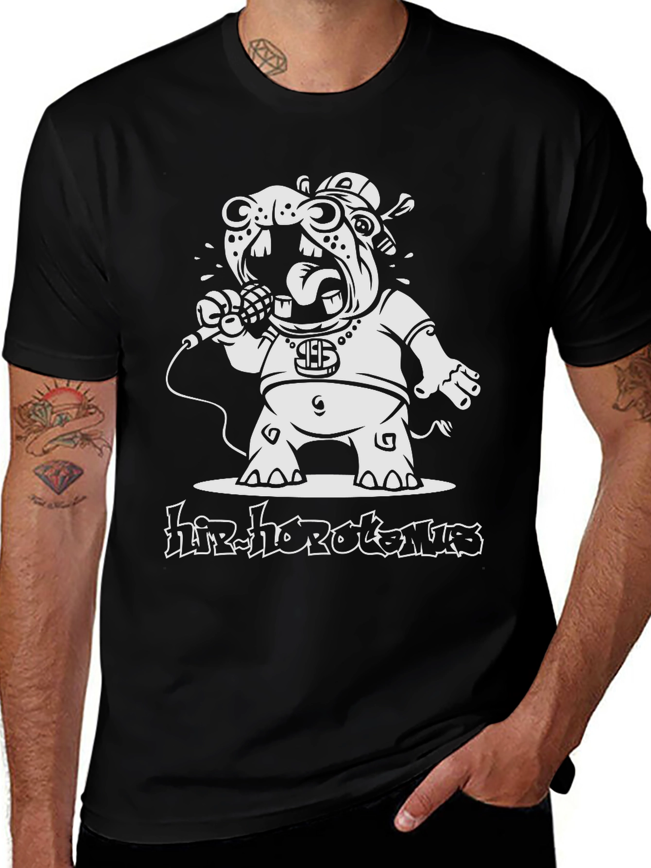 Hip-Hop Hippopotamus Black Graphic T-Shirt