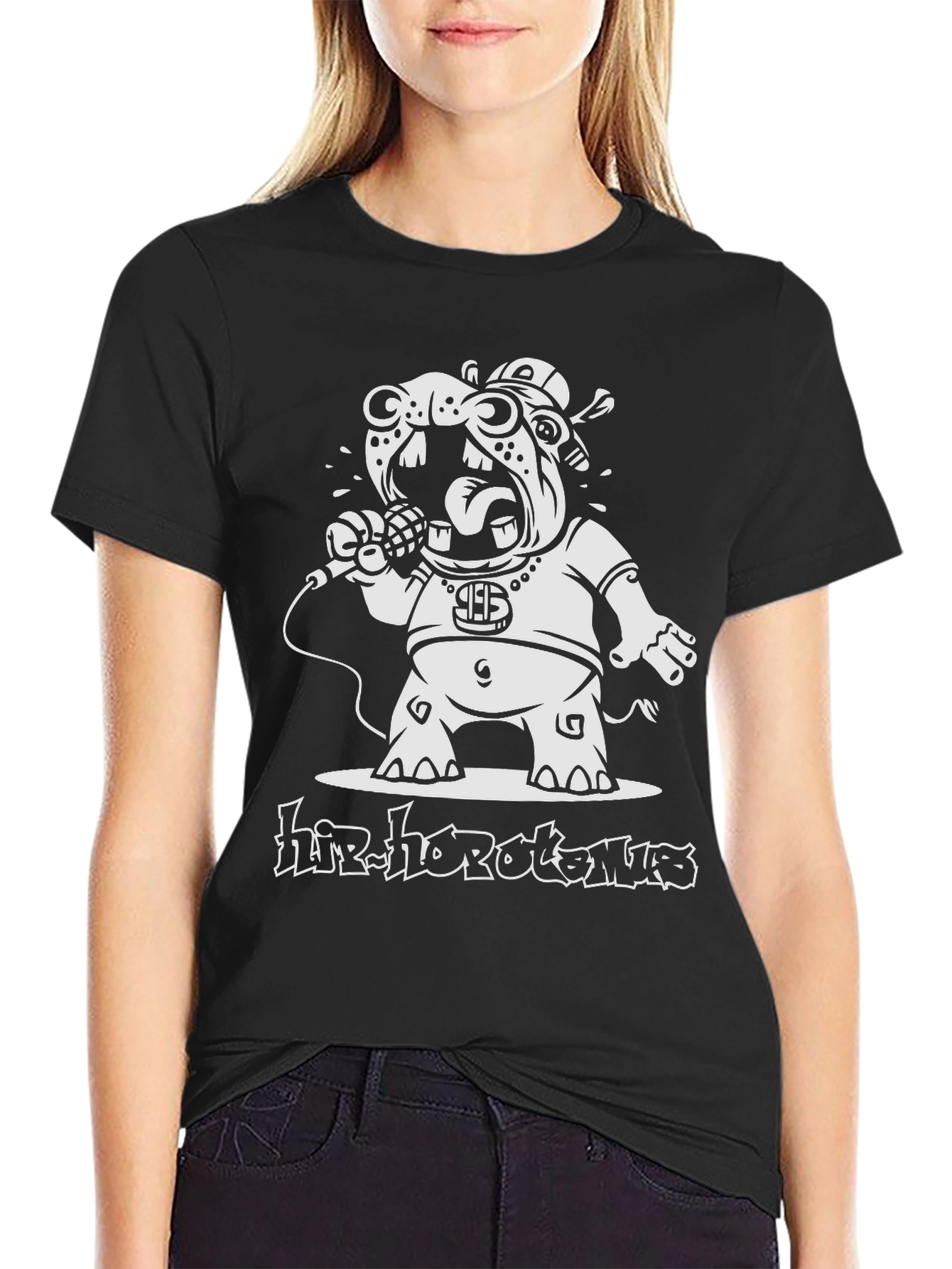 Hip-Hop Hippopotamus Black Graphic T-Shirt
