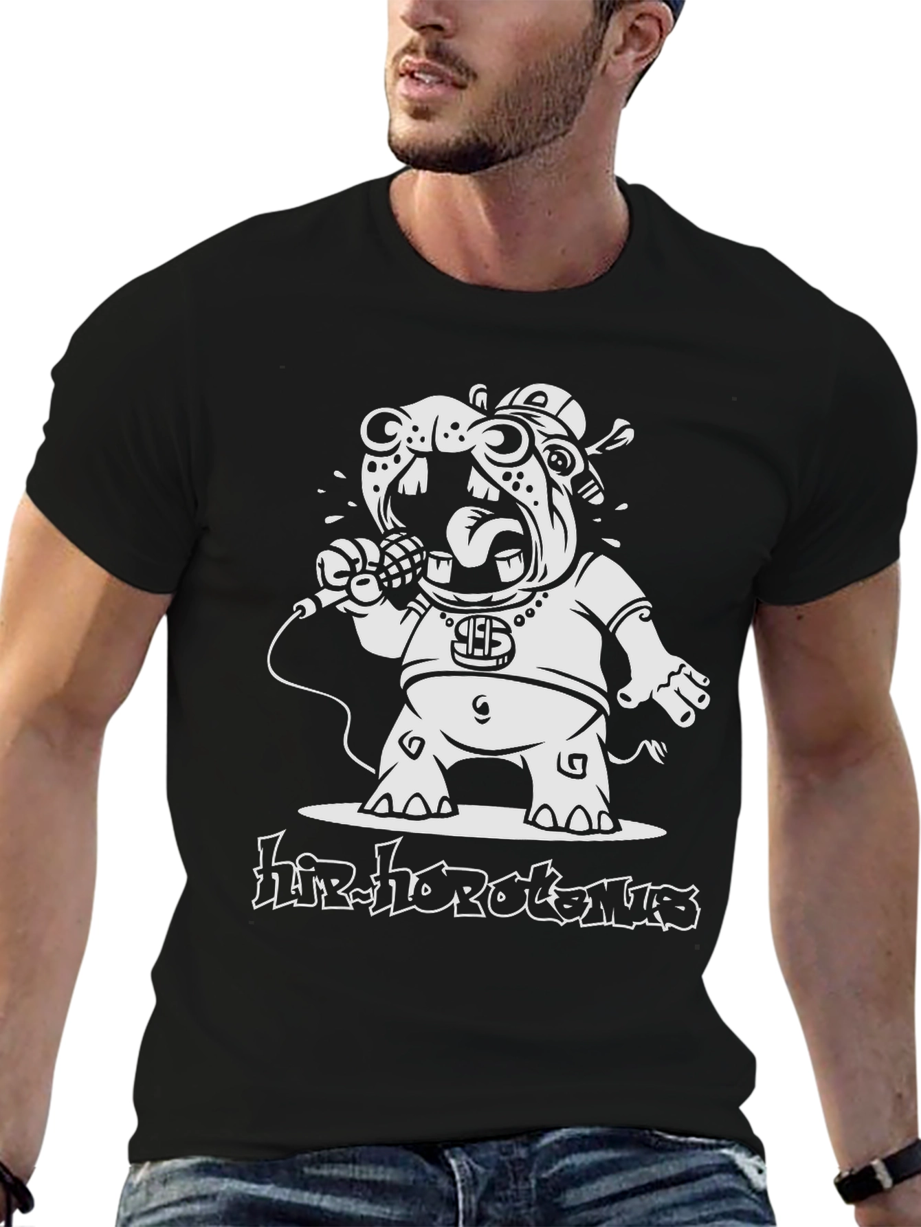 Hip-Hop Hippopotamus Black Graphic T-Shirt