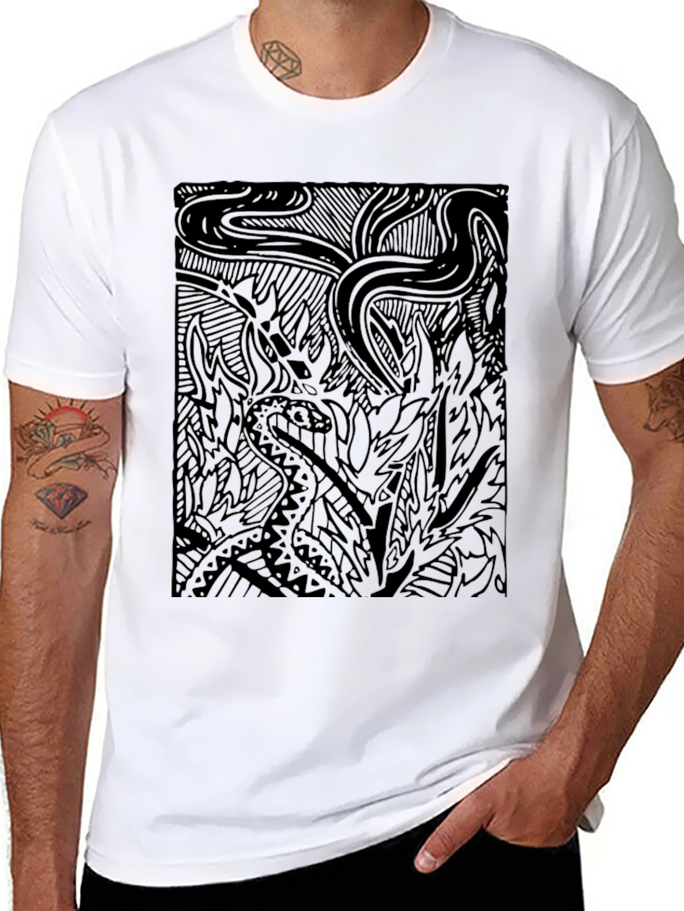 Abstract Snake Print Black Tee