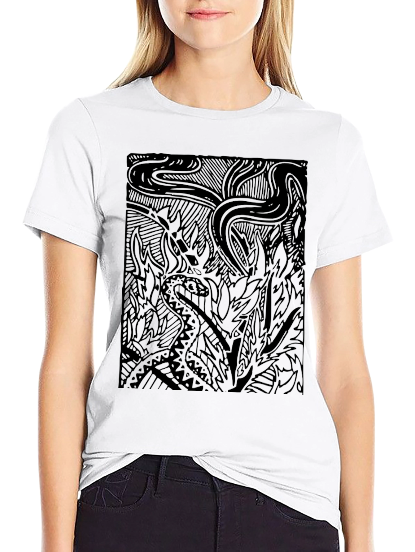 Abstract Snake Print Black Tee