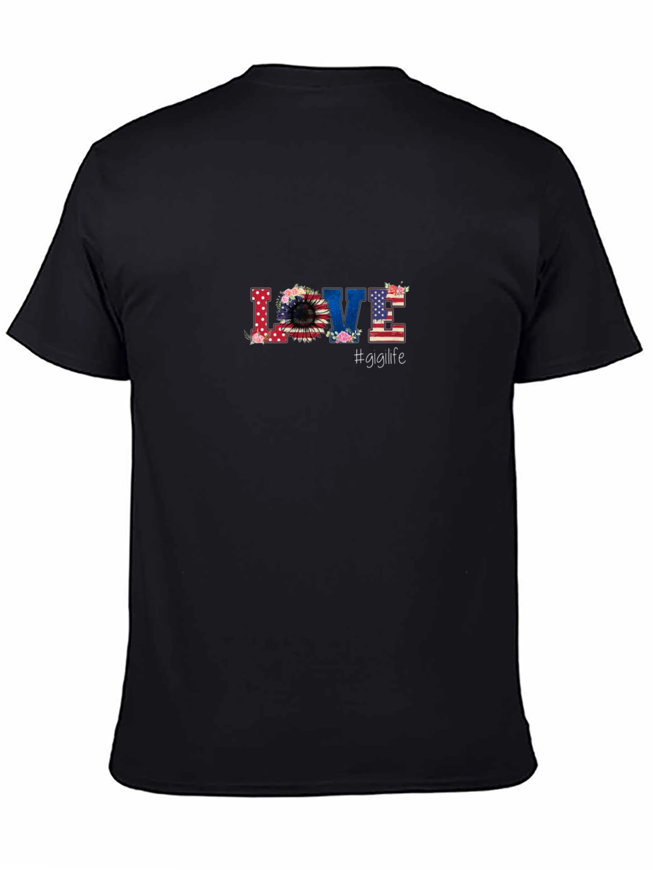 Floral American Flag LOVE Graphic Black T-Shirt