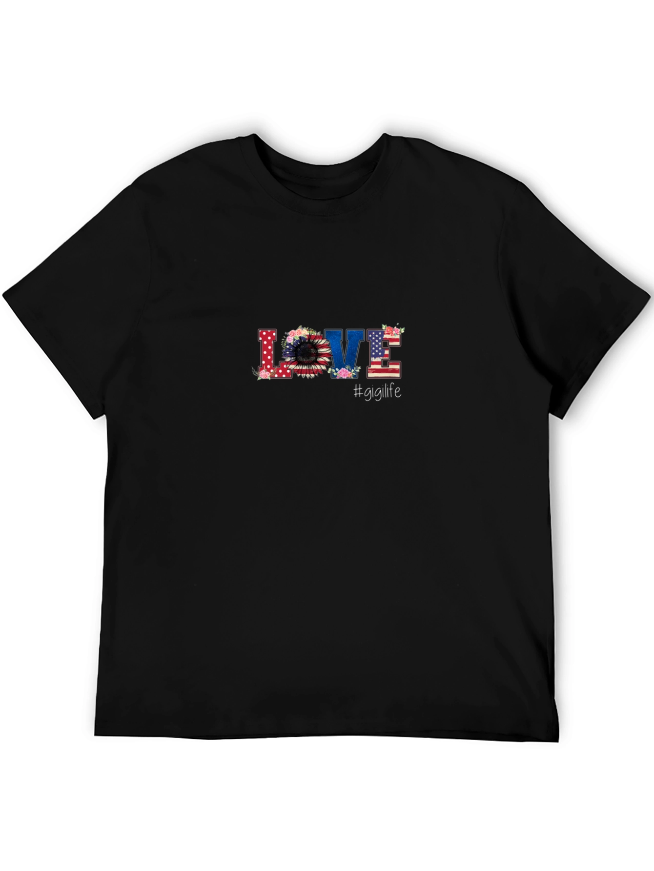 Floral American Flag LOVE Graphic Black T-Shirt