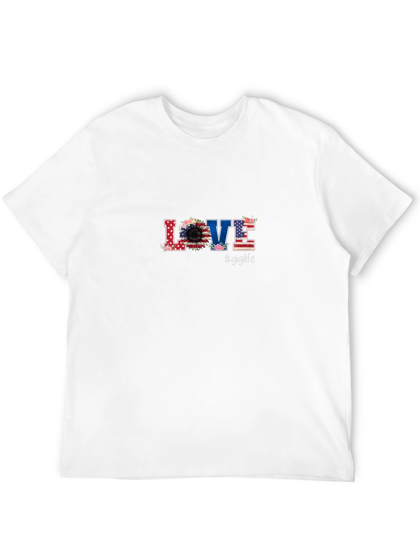 Floral American Flag LOVE Graphic Black T-Shirt