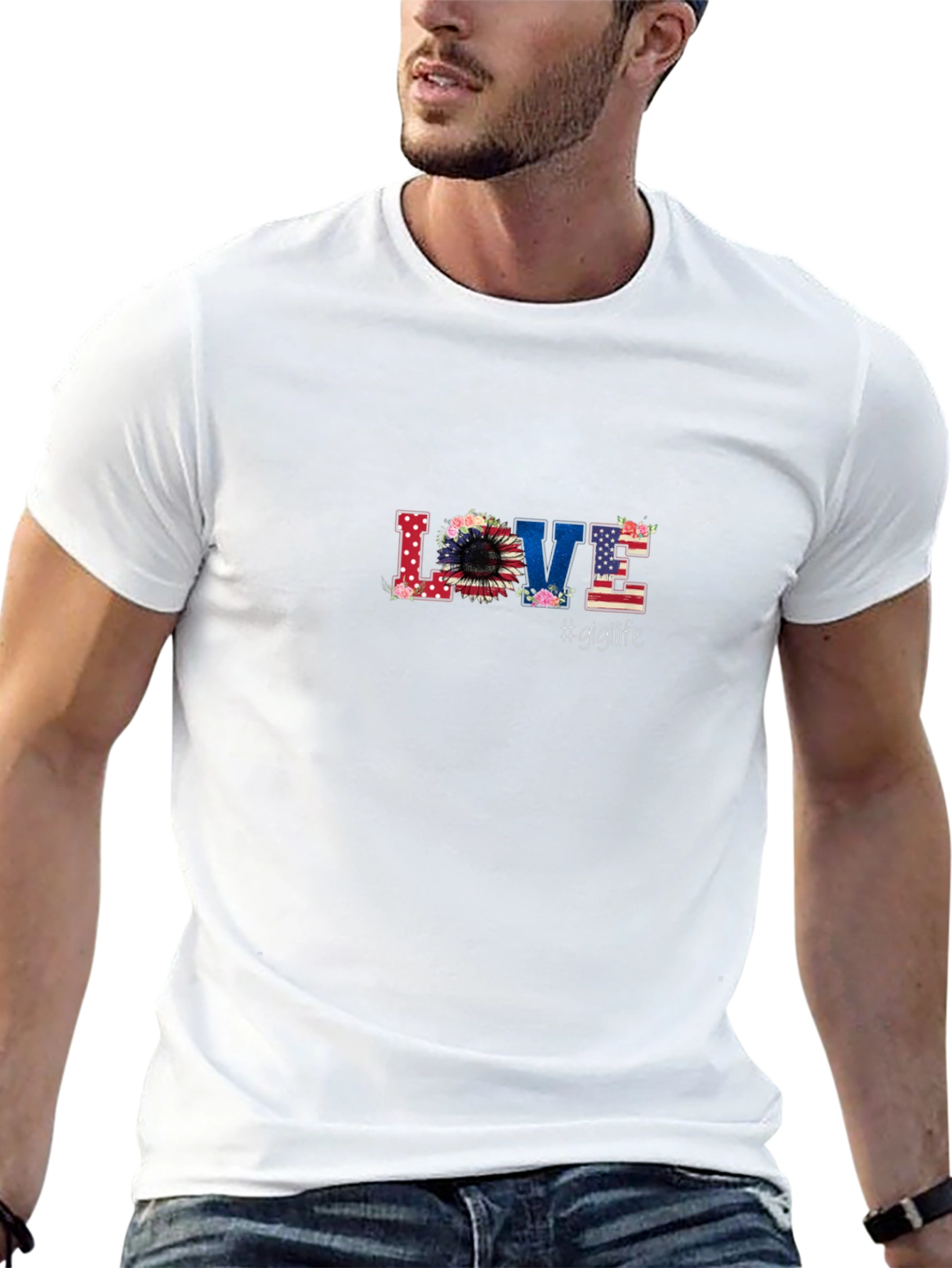 Floral American Flag LOVE Graphic Black T-Shirt