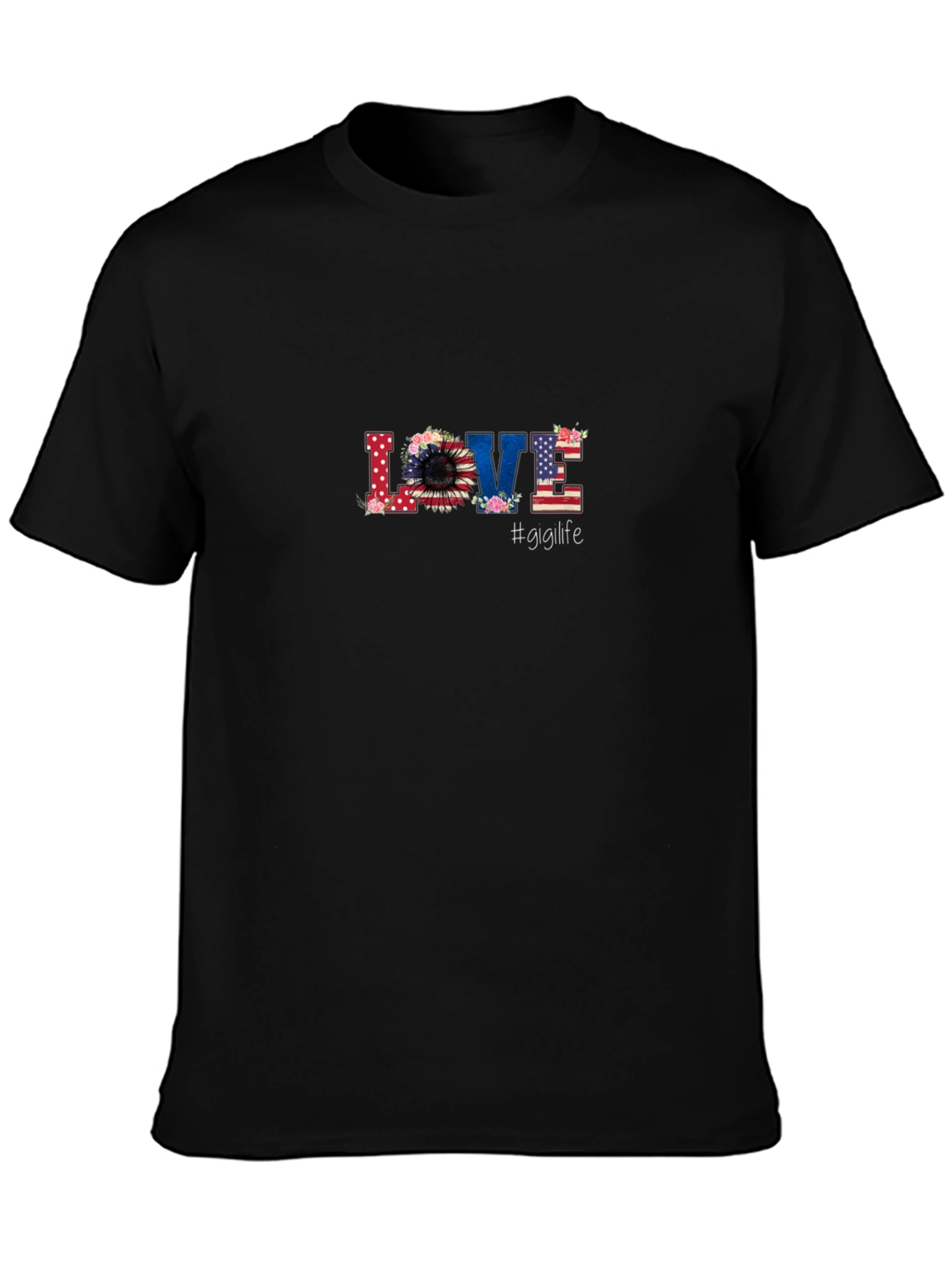 Floral American Flag LOVE Graphic Black T-Shirt
