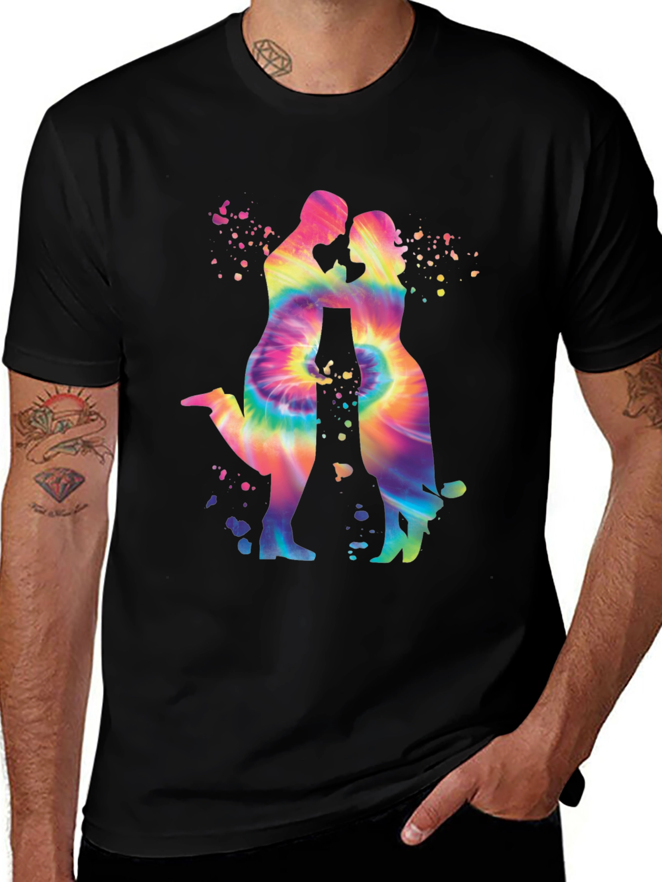 Tie-Dye Couple Silhouette Graphic Tee - Trendy Black T-Shirt