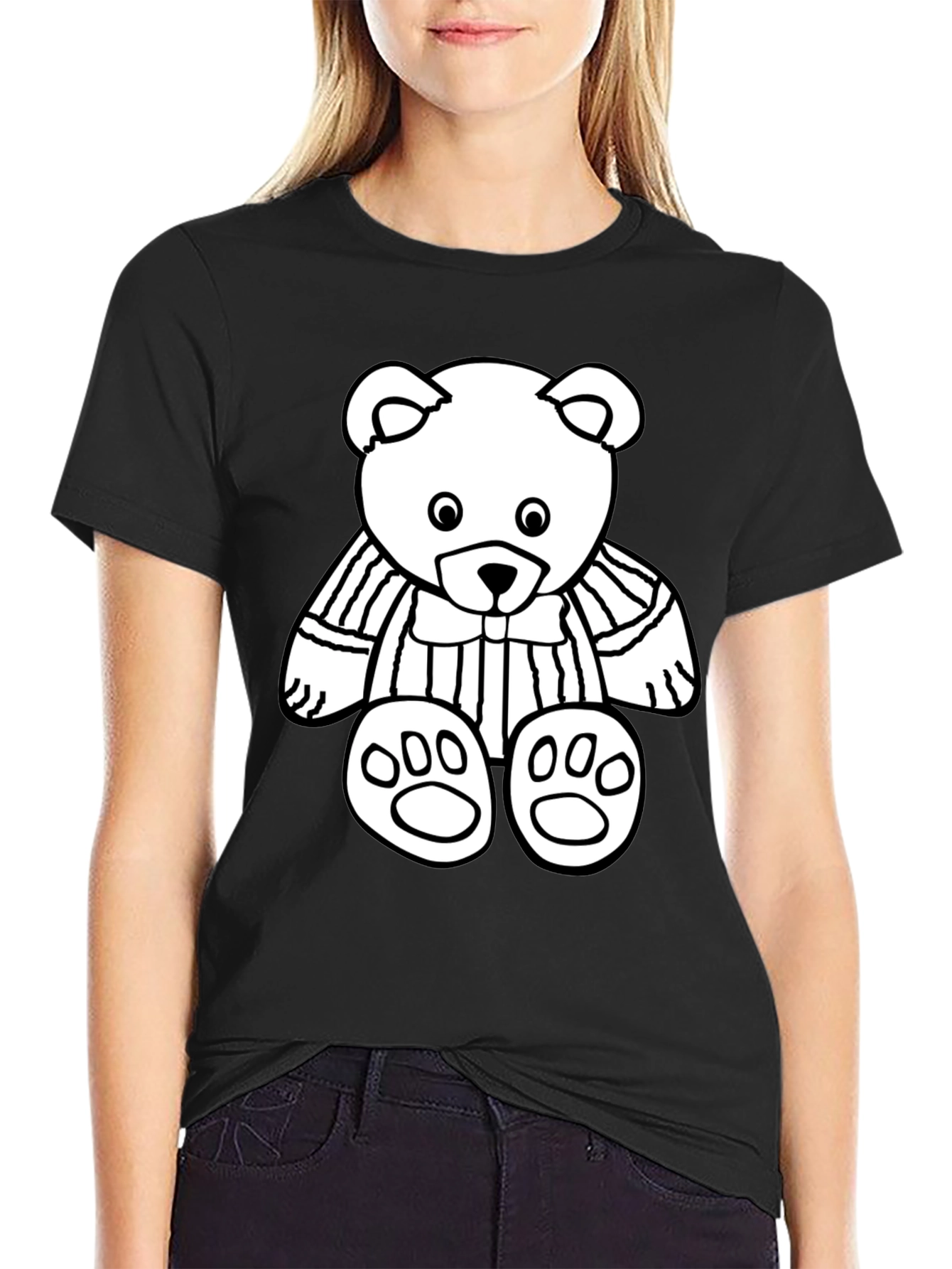 Black T-Shirt with Cute Bear Graphic Print