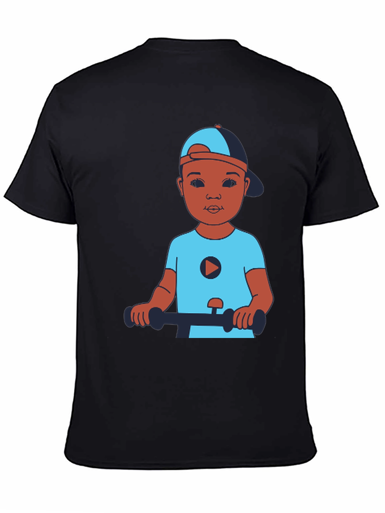 Cartoon Kid on Scooter Black T-Shirt