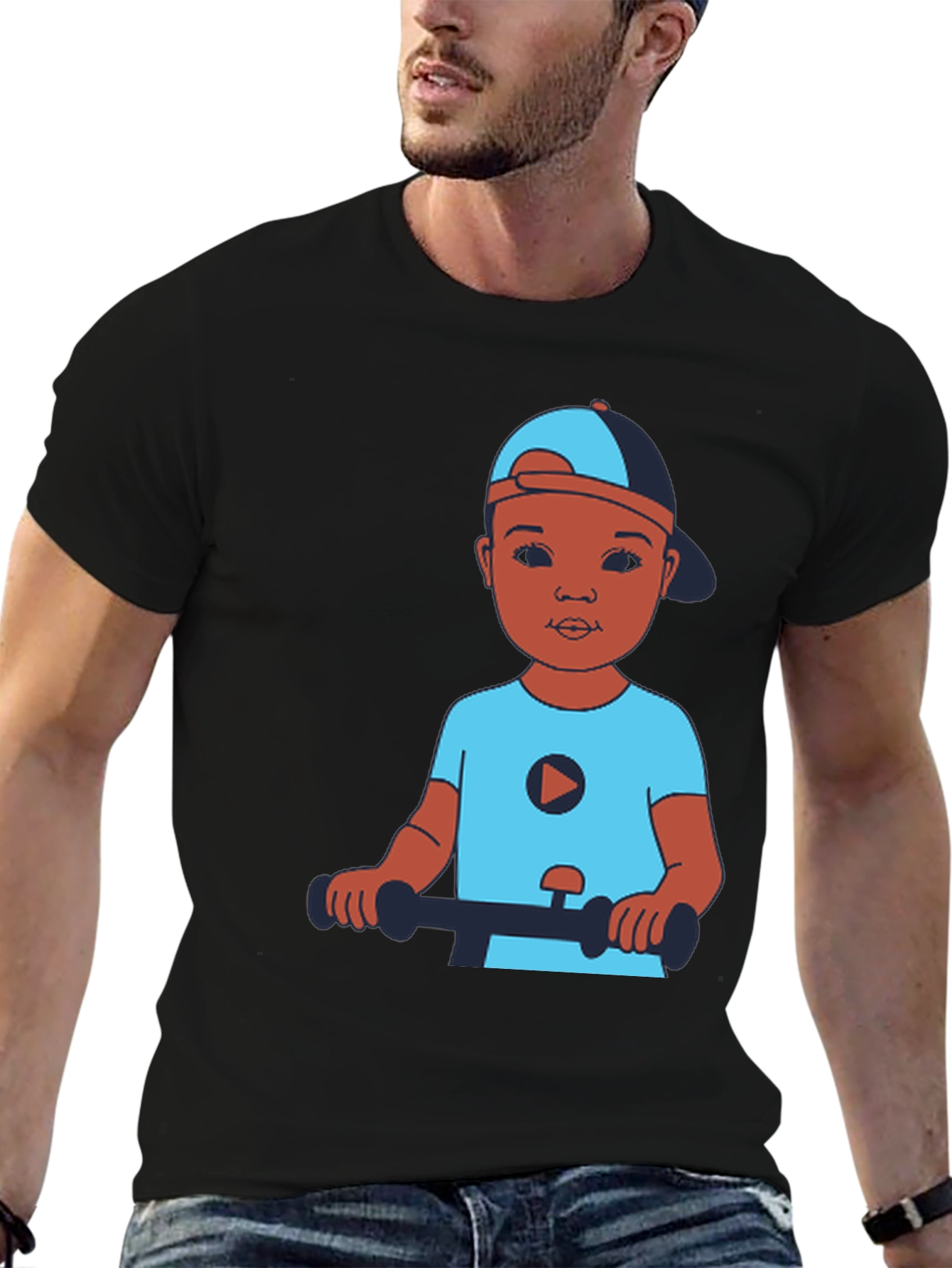 Cartoon Kid on Scooter Black T-Shirt
