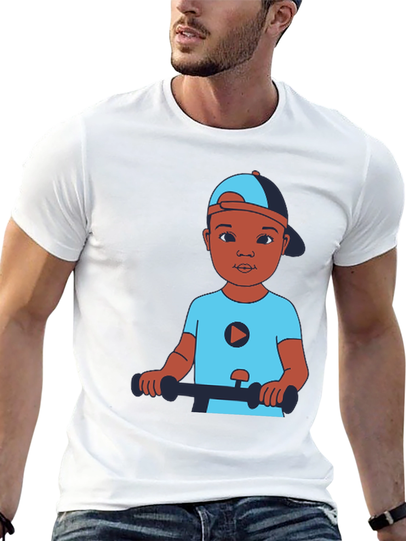 Cartoon Kid on Scooter Black T-Shirt