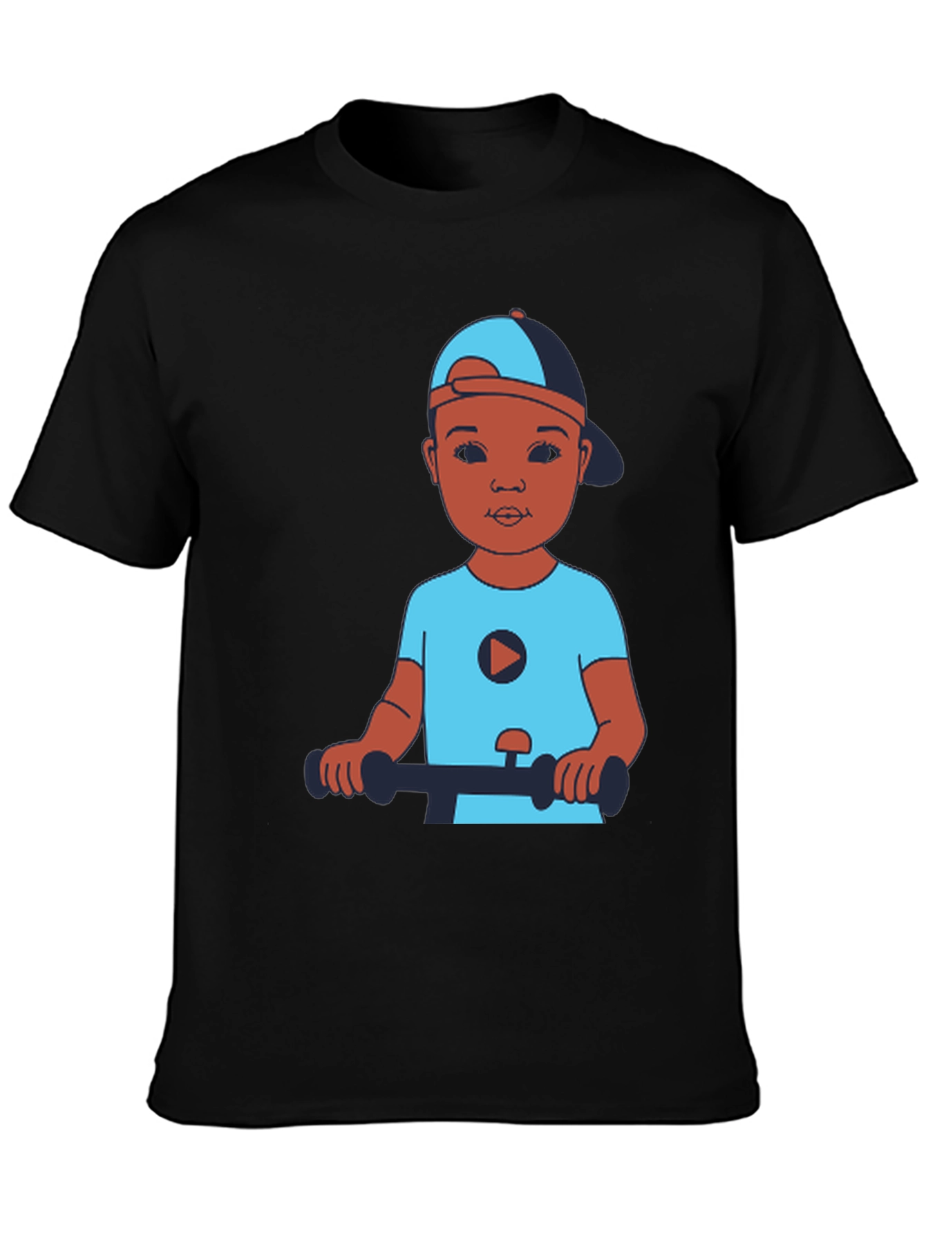 Cartoon Kid on Scooter Black T-Shirt