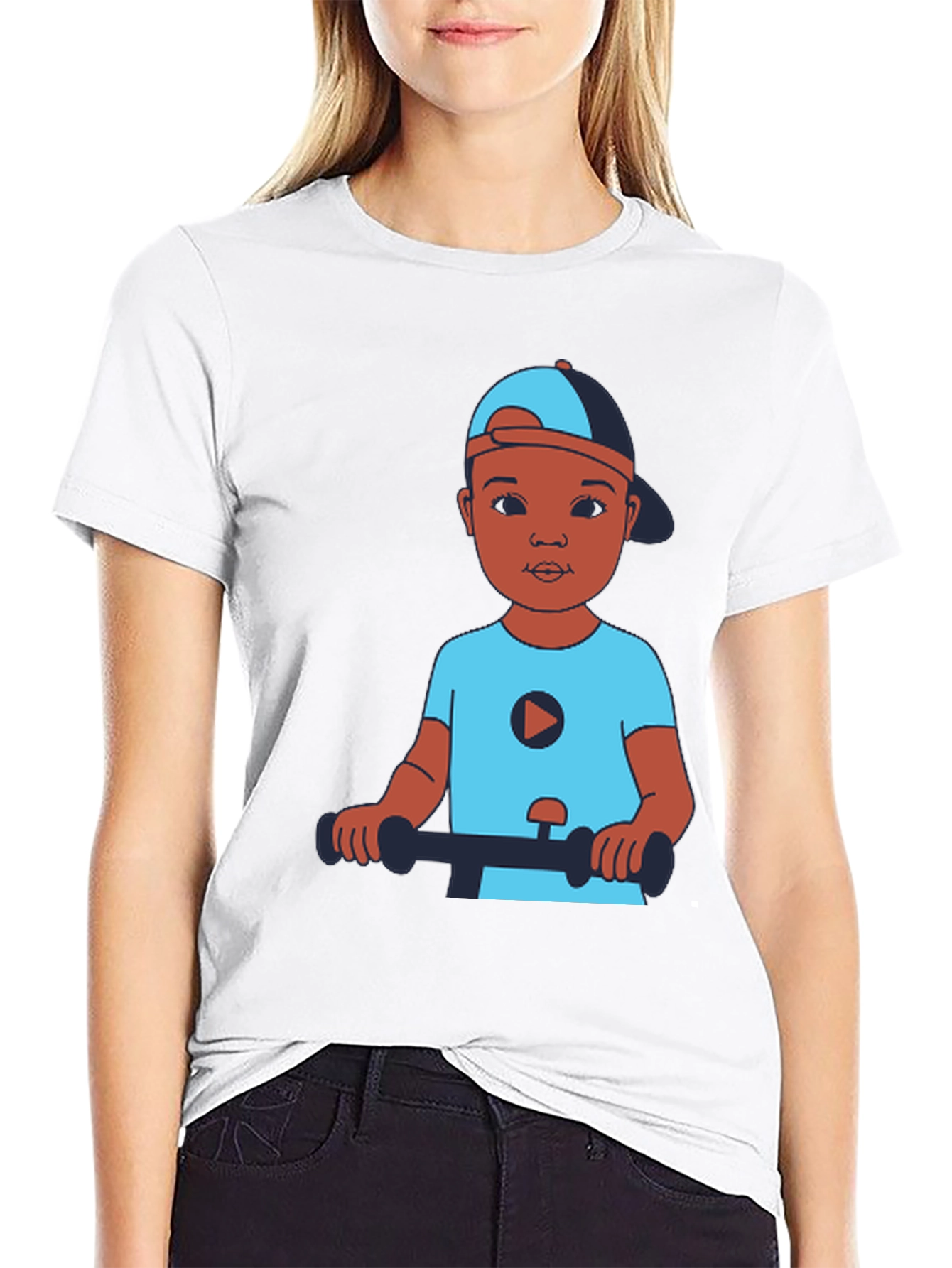 Cartoon Kid on Scooter Black T-Shirt