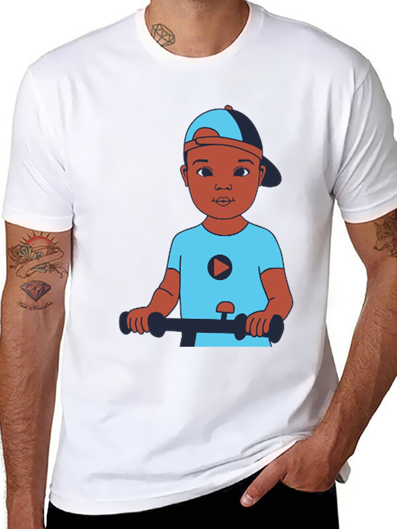 Cartoon Kid on Scooter Black T-Shirt