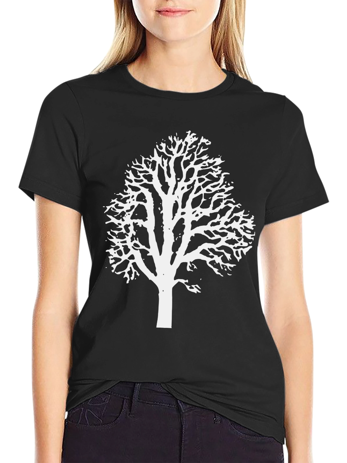 White Tree Graphic Print Black T-Shirt