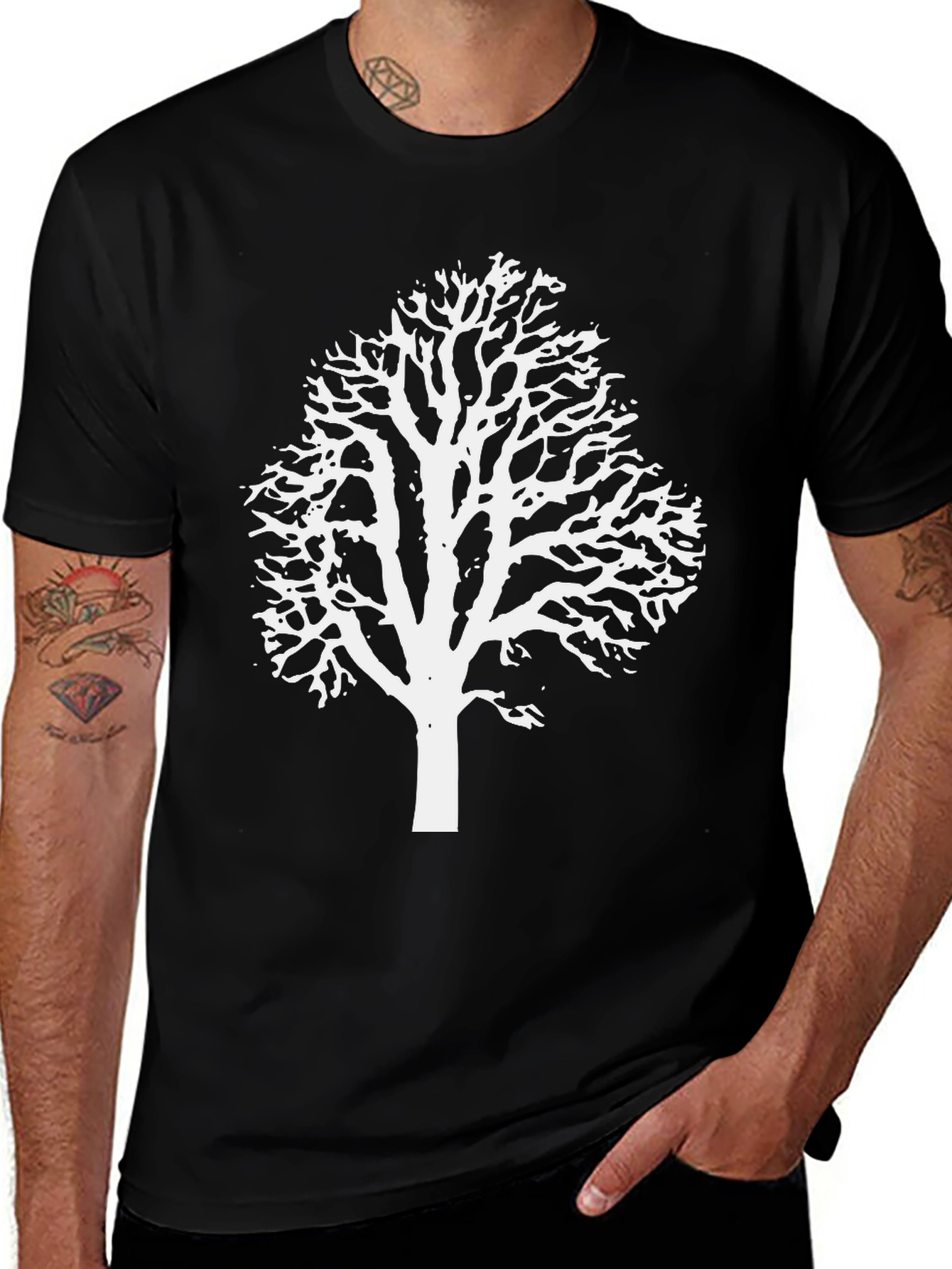 White Tree Graphic Print Black T-Shirt