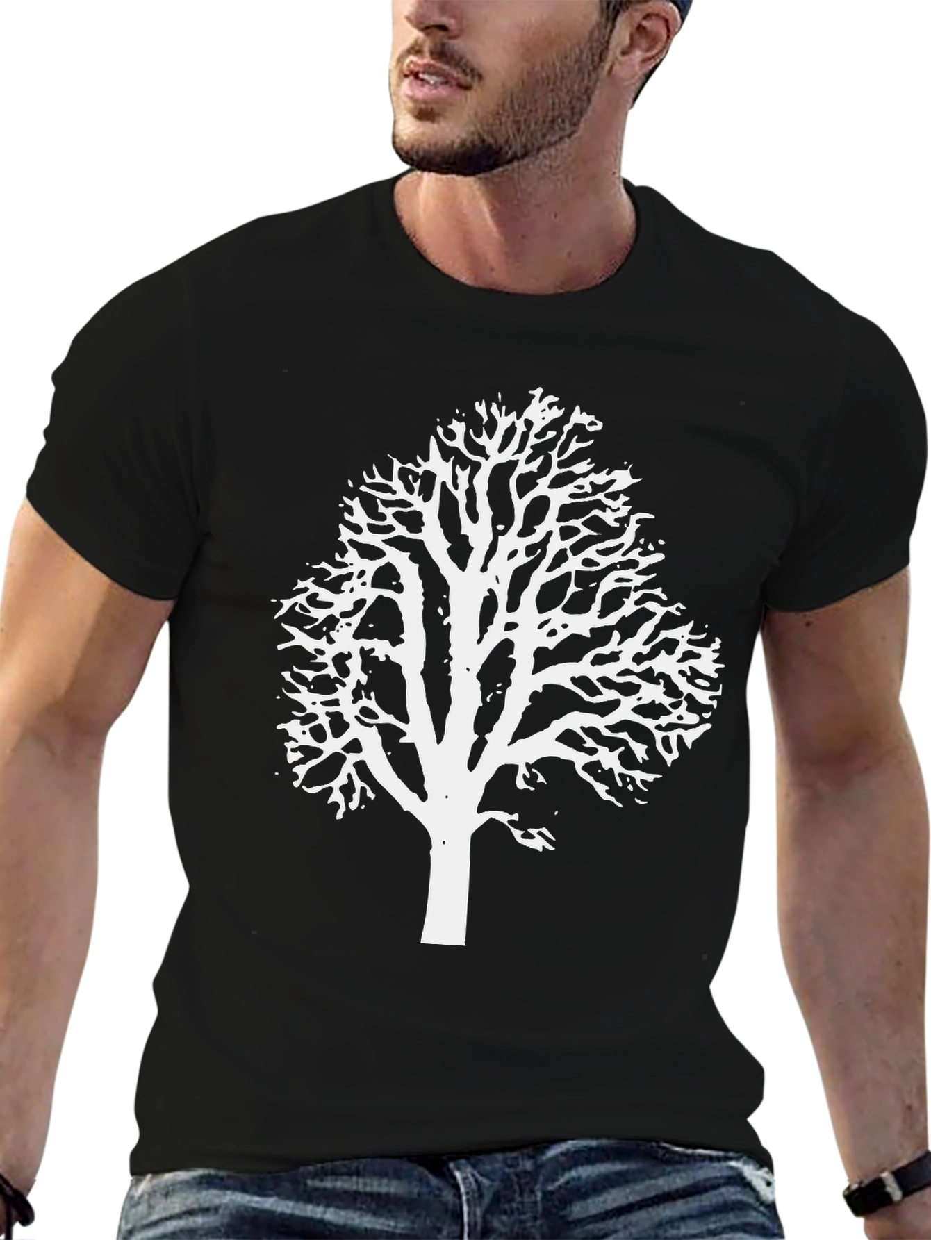 White Tree Graphic Print Black T-Shirt