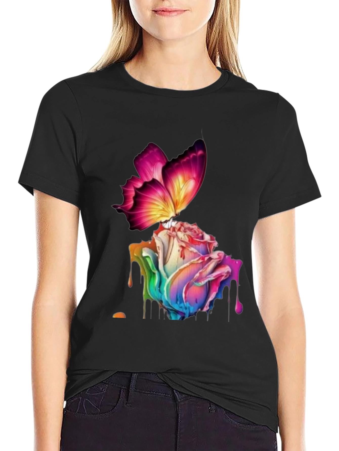 Butterfly Rose Graphic Black T-Shirt
