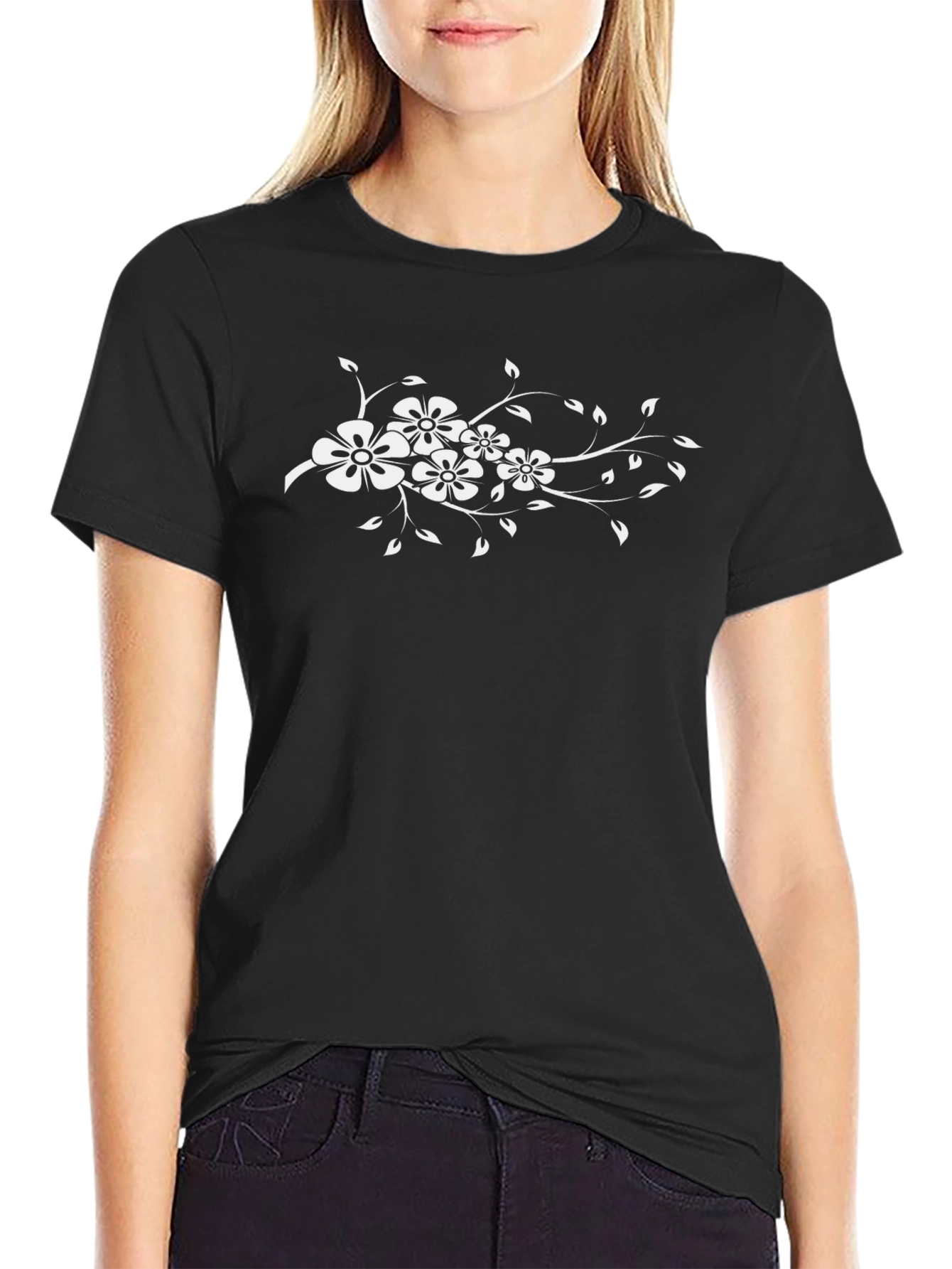 Floral Design Black T-Shirt