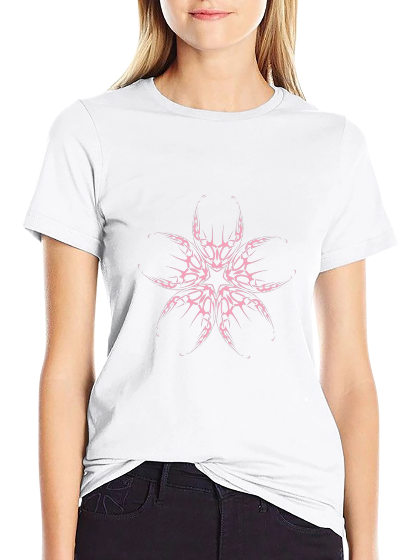 Black Tee with Tribal Flower Design