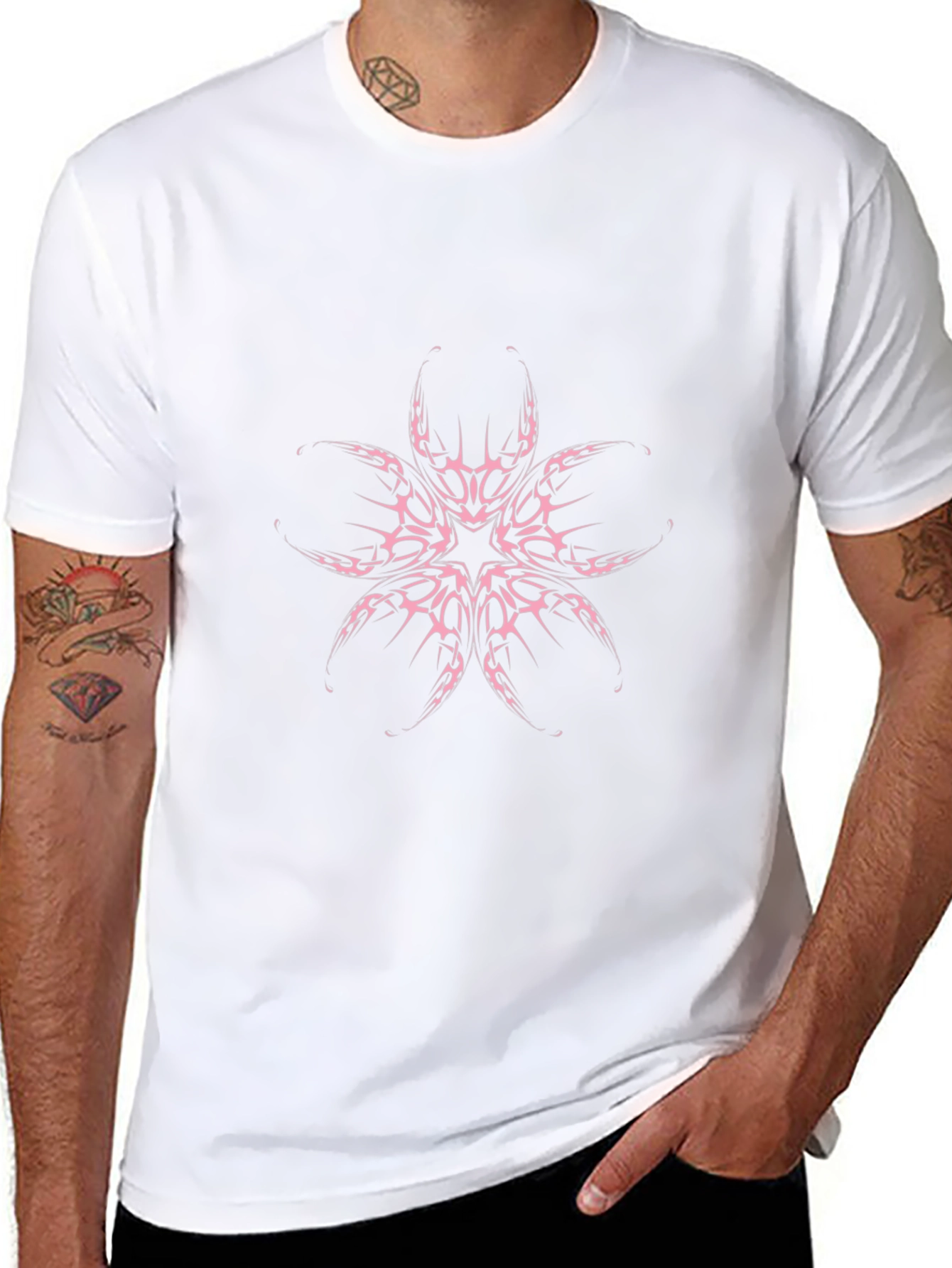 Black Tee with Tribal Flower Design