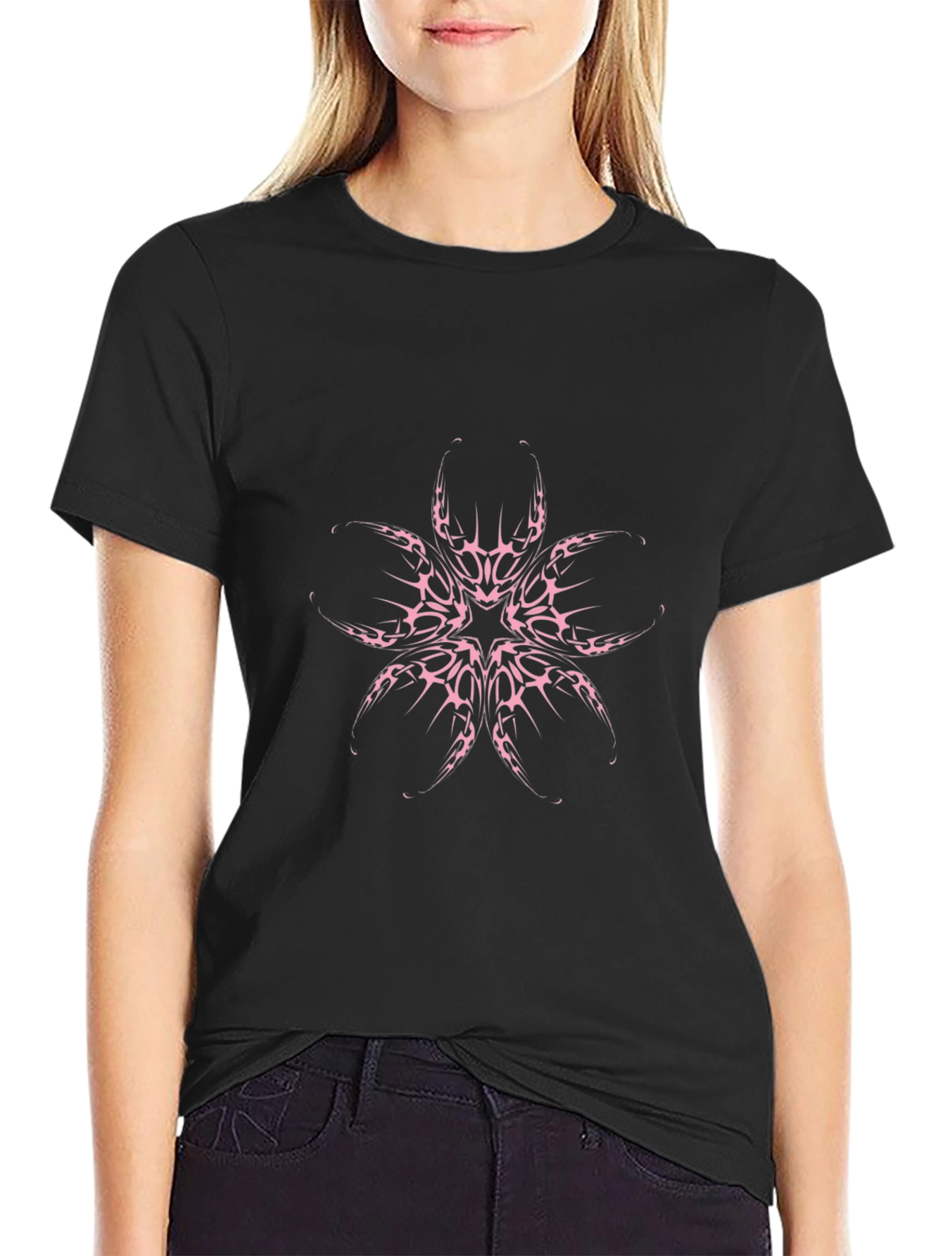Black Tee with Tribal Flower Design