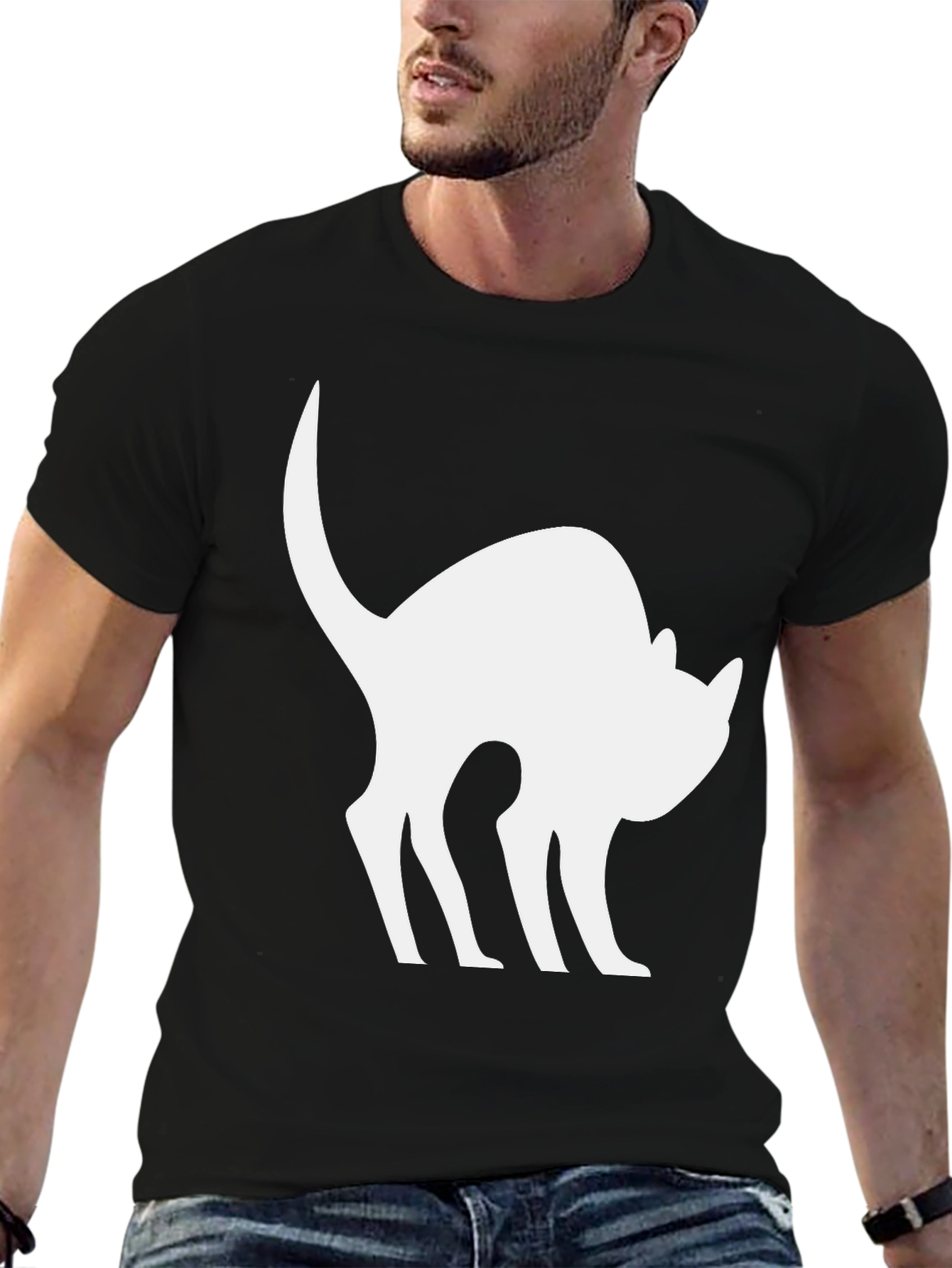 Black Cat Silhouette T-Shirt - Arched Back Design