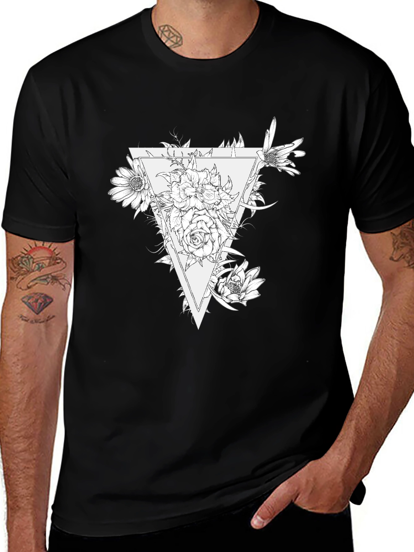 Floral Triangle Graphic Black T-Shirt