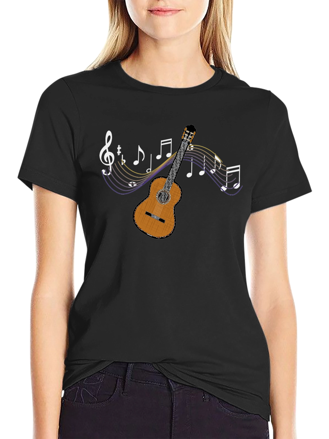 Guitar and Music Notes Graphic T-Shirt - Black