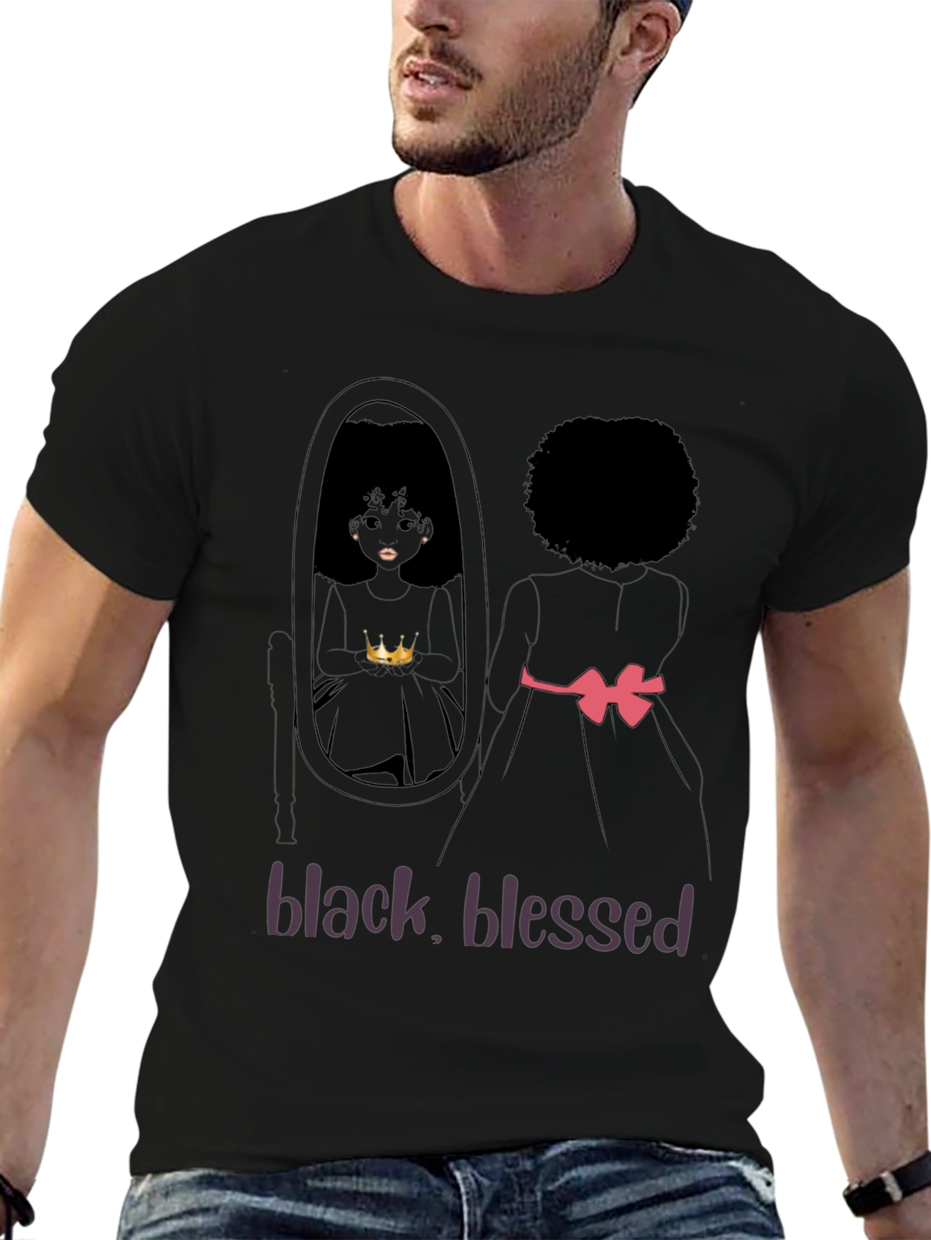 Black Blessed T-Shirt - Afro Girl Mirror Design