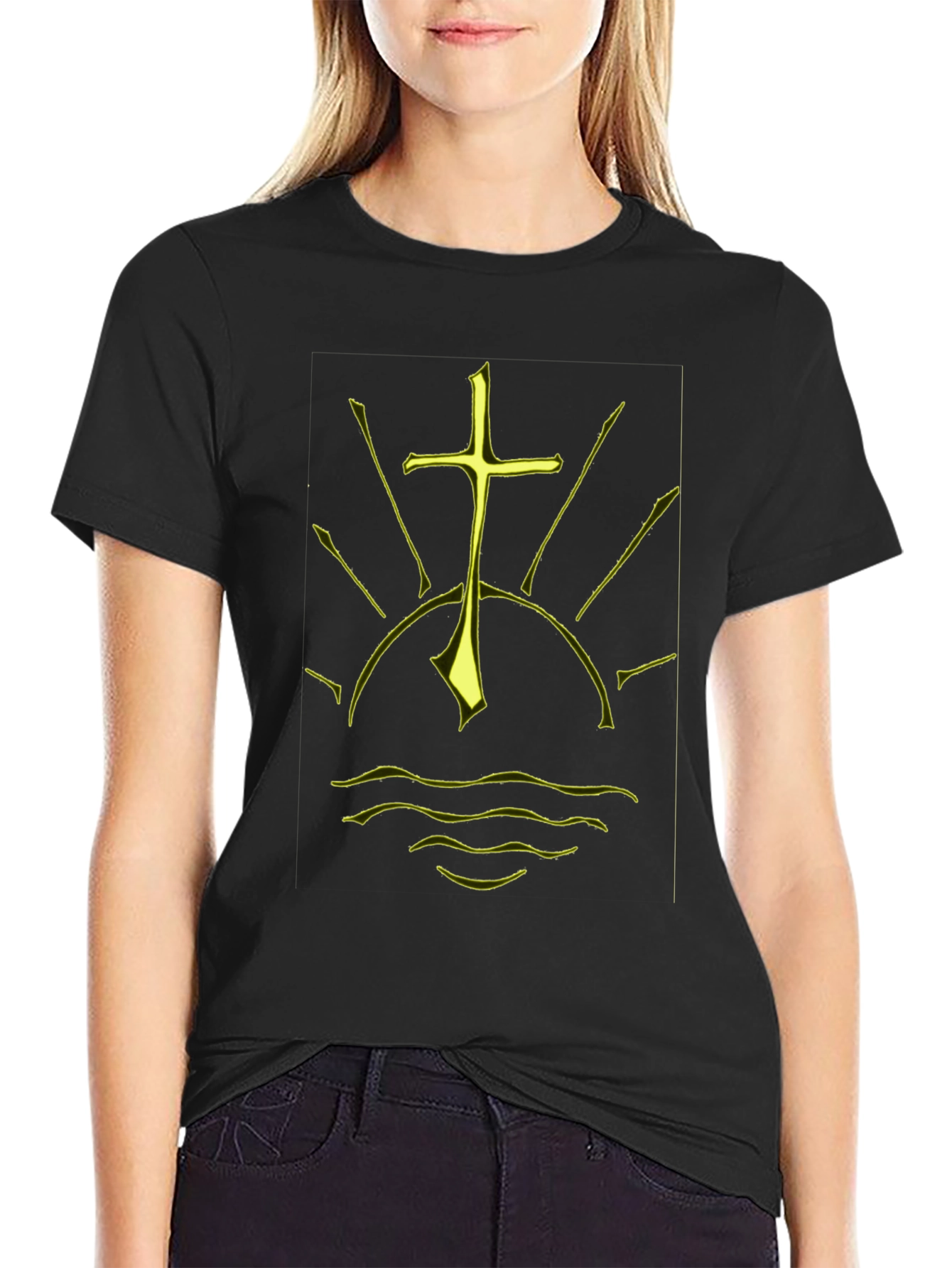 Black Graphic Tee - Sunrise Cross Design