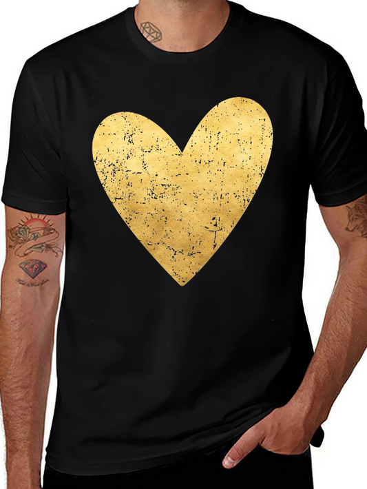 Vintage Gold Heart Graphic Black T-Shirt