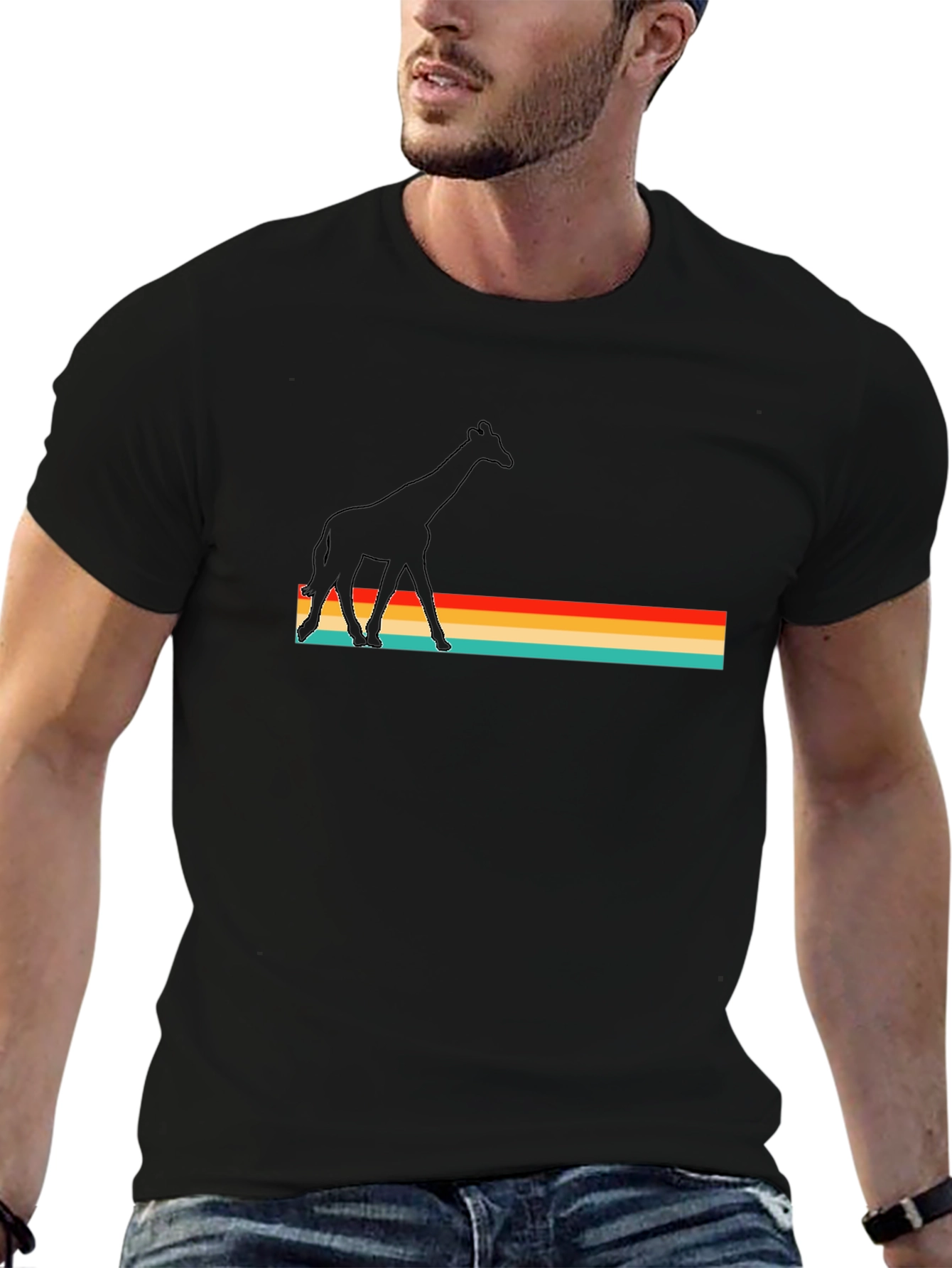Retro Giraffe Graphic Black Tee Shirt