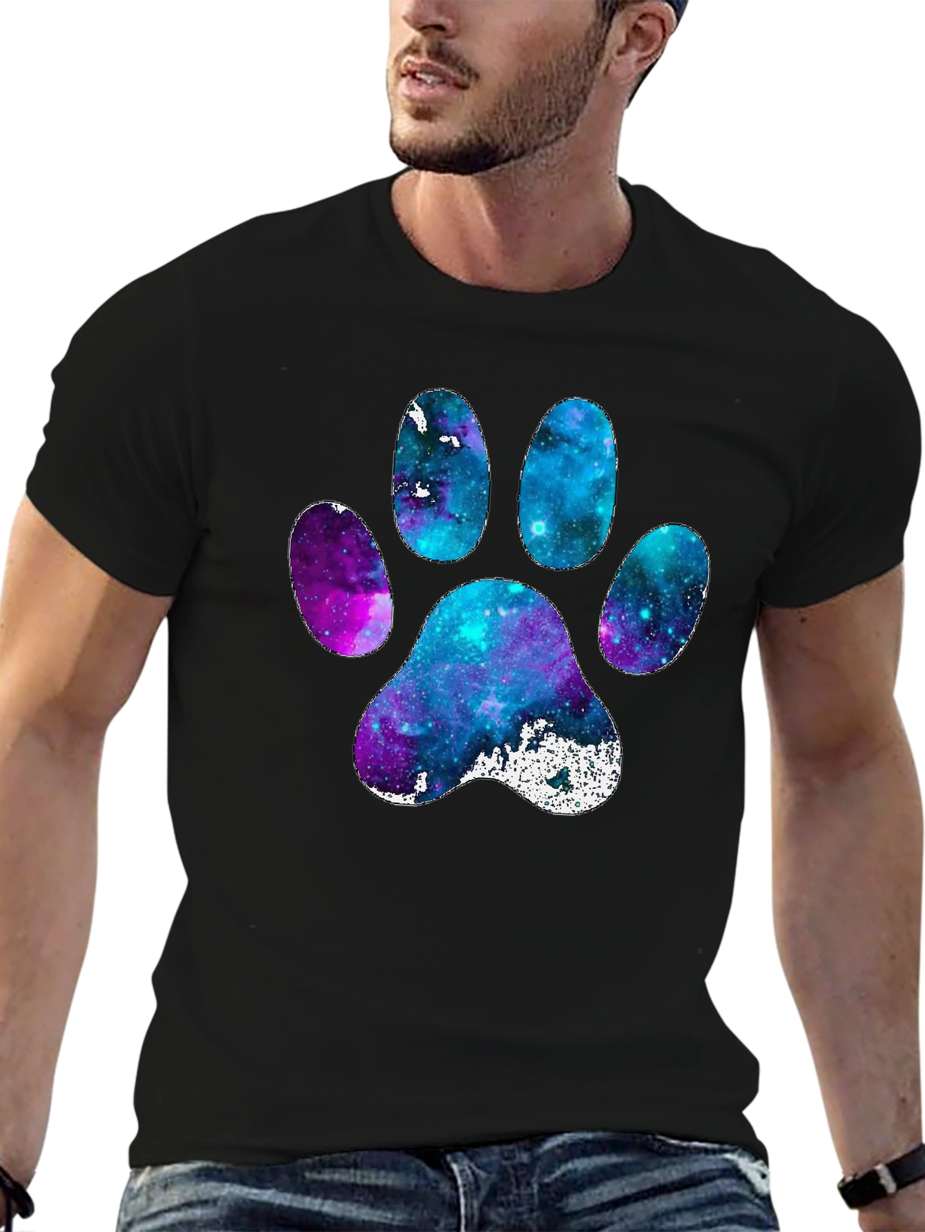 Galaxy Paw Print Graphic Tee - Casual Black T-Shirt
