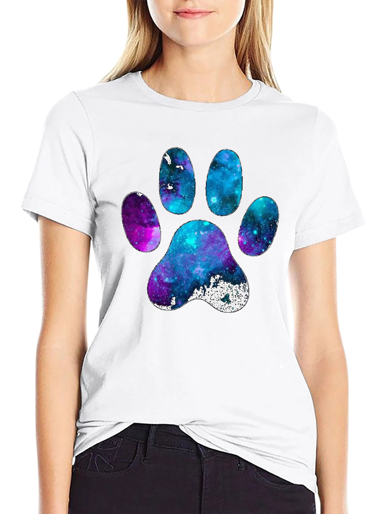 Galaxy Paw Print Graphic Tee - Casual Black T-Shirt