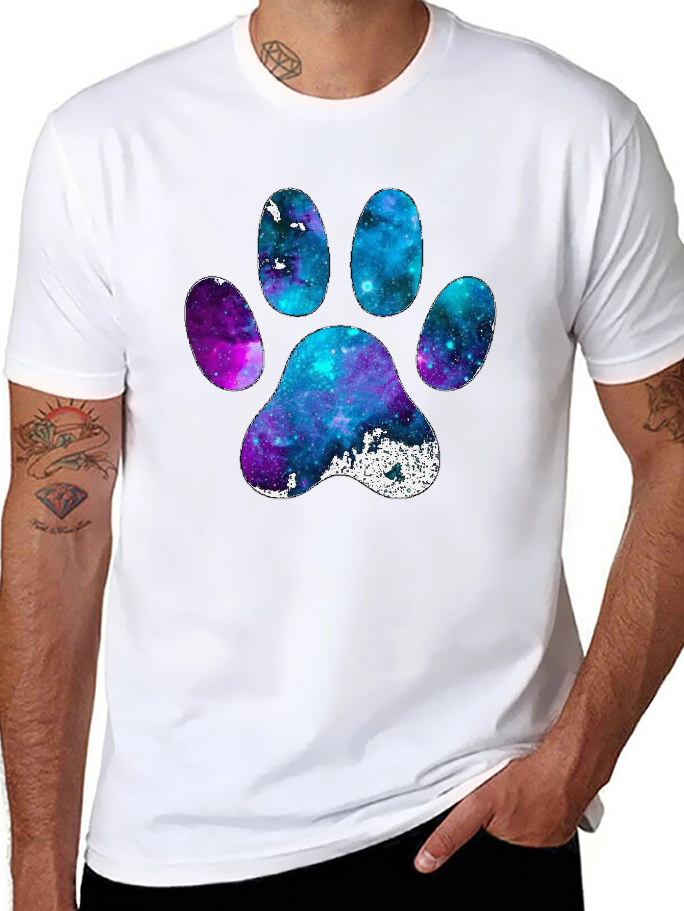 Galaxy Paw Print Graphic Tee - Casual Black T-Shirt