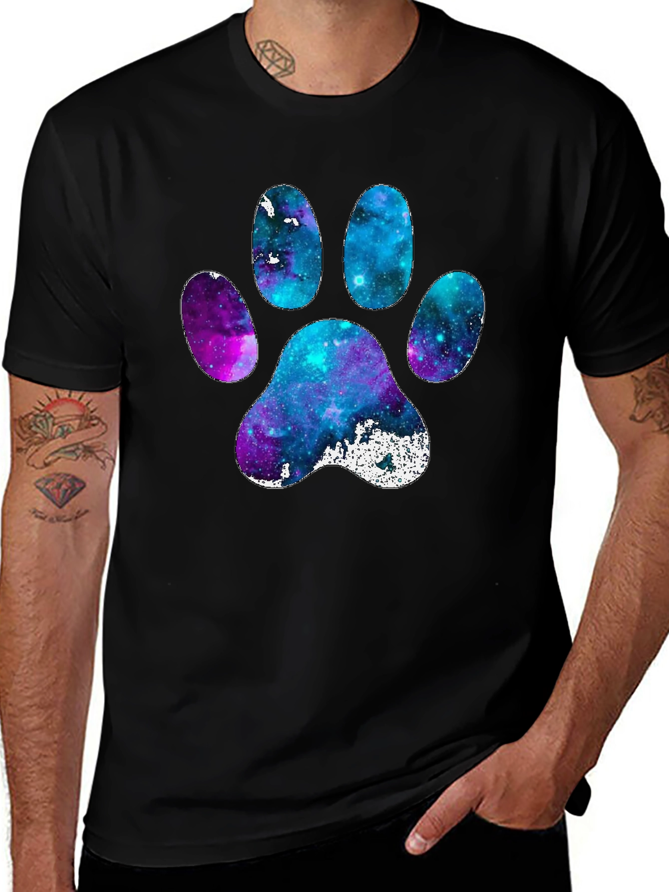 Galaxy Paw Print Graphic Tee - Casual Black T-Shirt