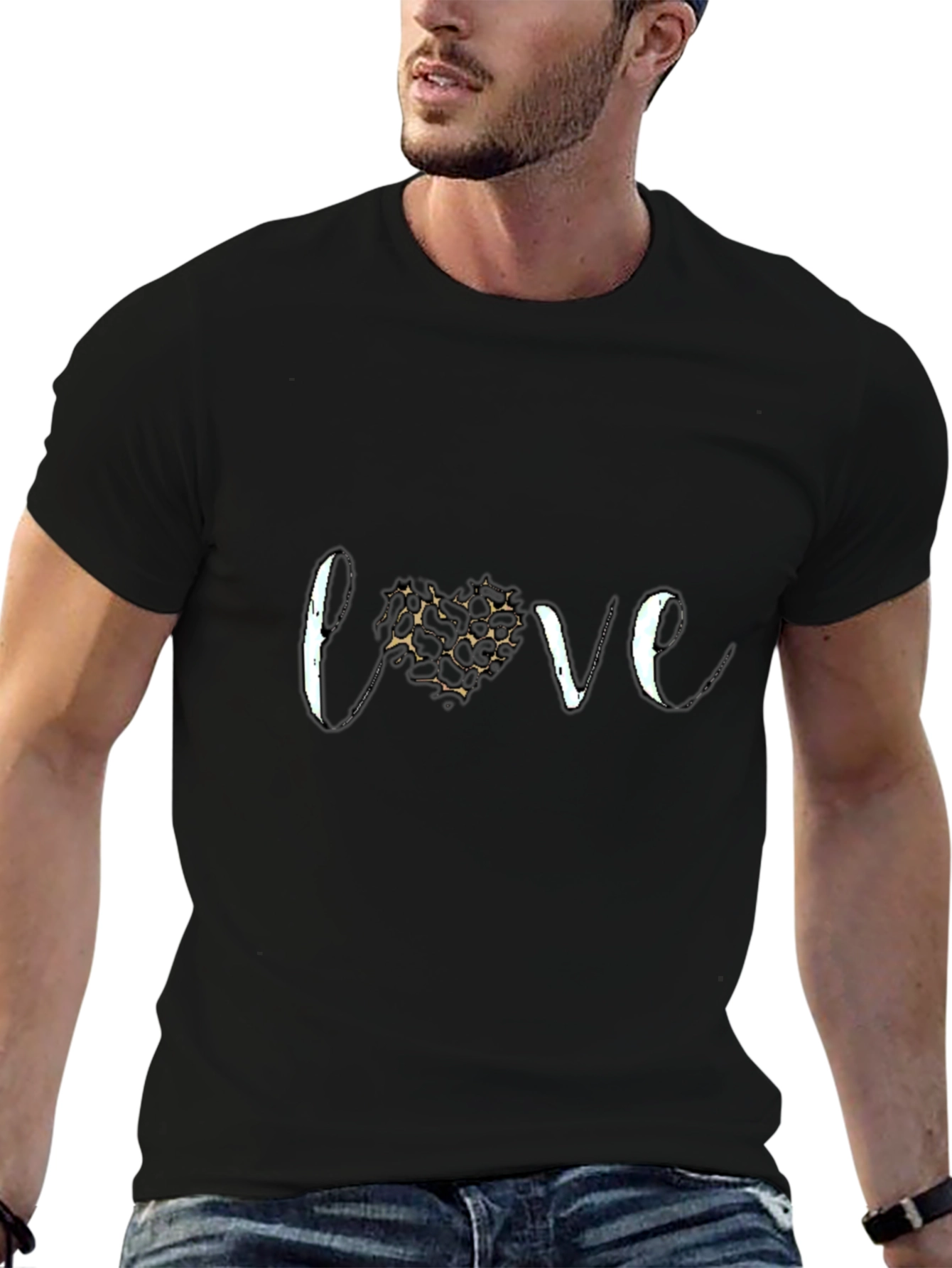Love Heart Leopard Print Tee - Black