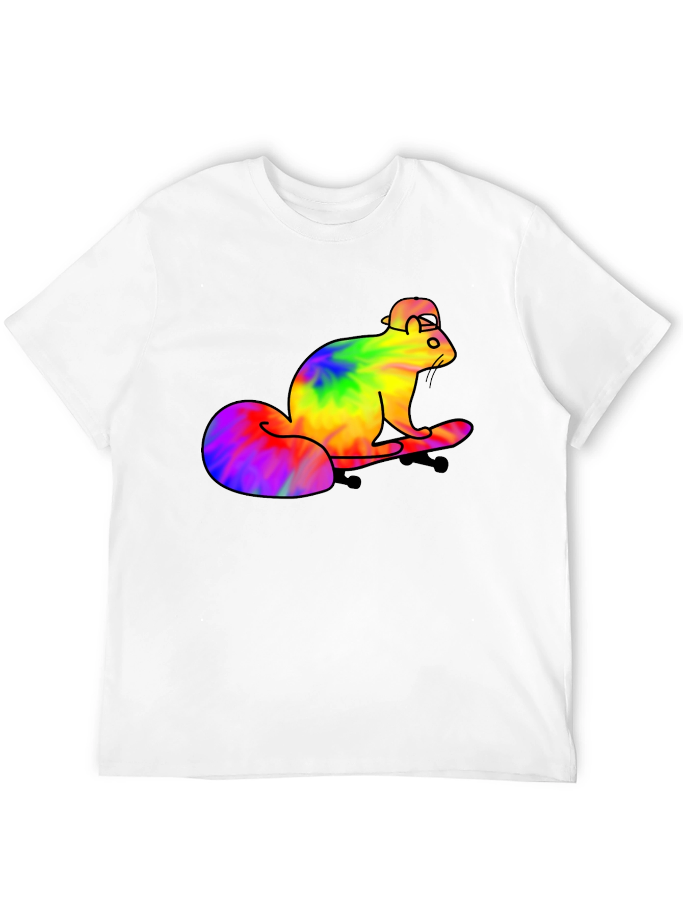 Tie-Dye Squirrel Skateboard T-Shirt - Black Cotton Tee