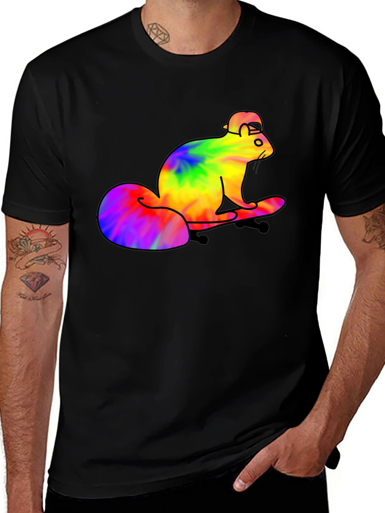Tie-Dye Squirrel Skateboard T-Shirt - Black Cotton Tee