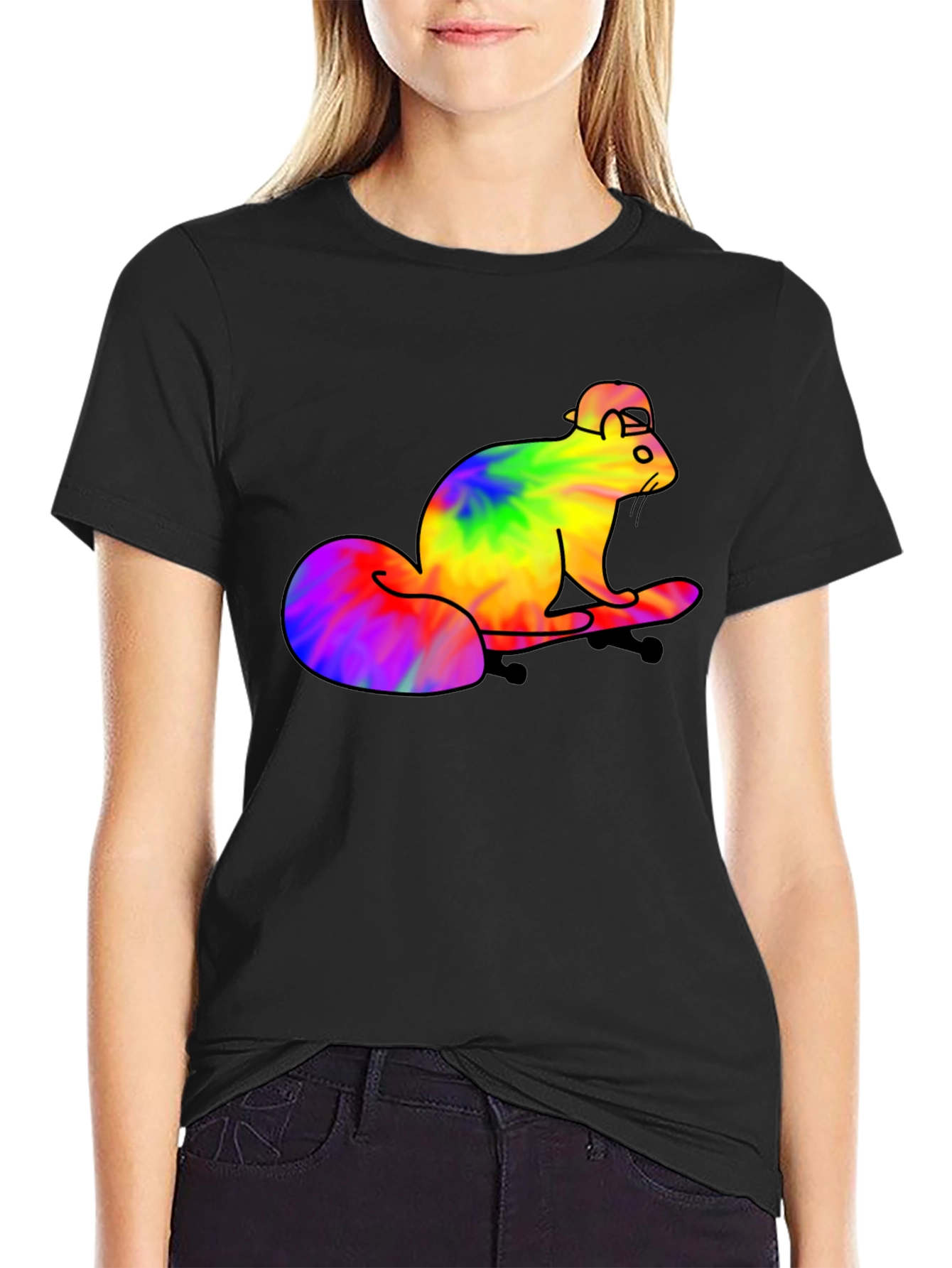 Tie-Dye Squirrel Skateboard T-Shirt - Black Cotton Tee
