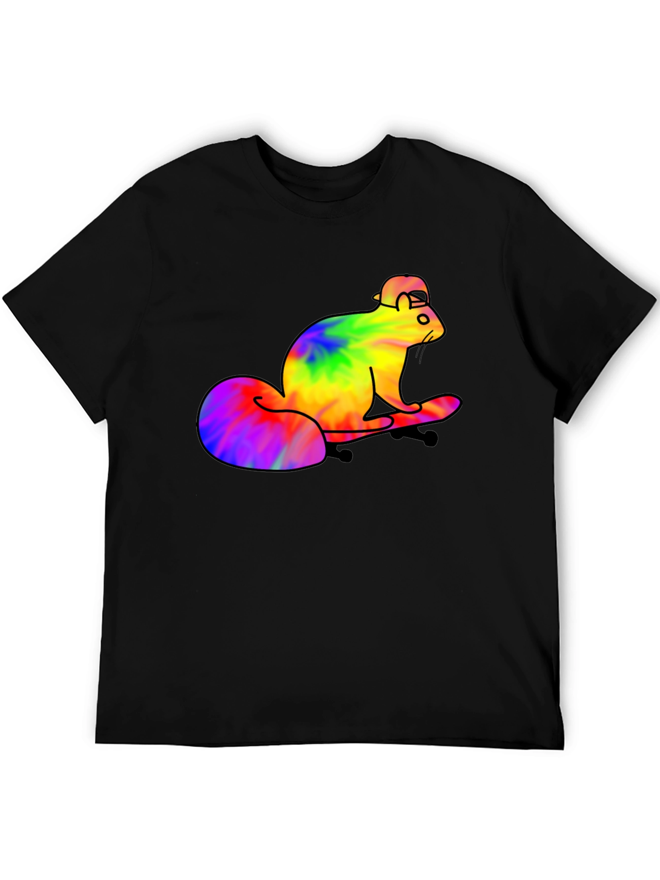 Tie-Dye Squirrel Skateboard T-Shirt - Black Cotton Tee