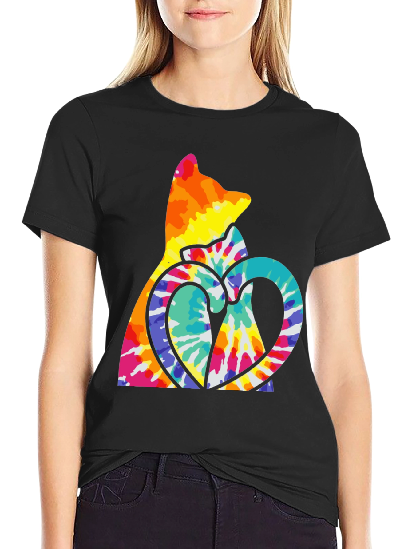 Tie Dye Cat & Heart Graphic T-Shirt