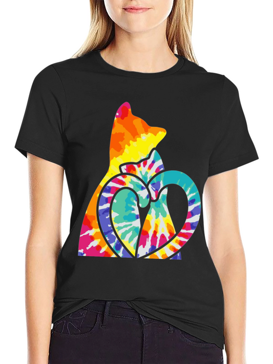 Tie Dye Cat & Heart Graphic T-Shirt